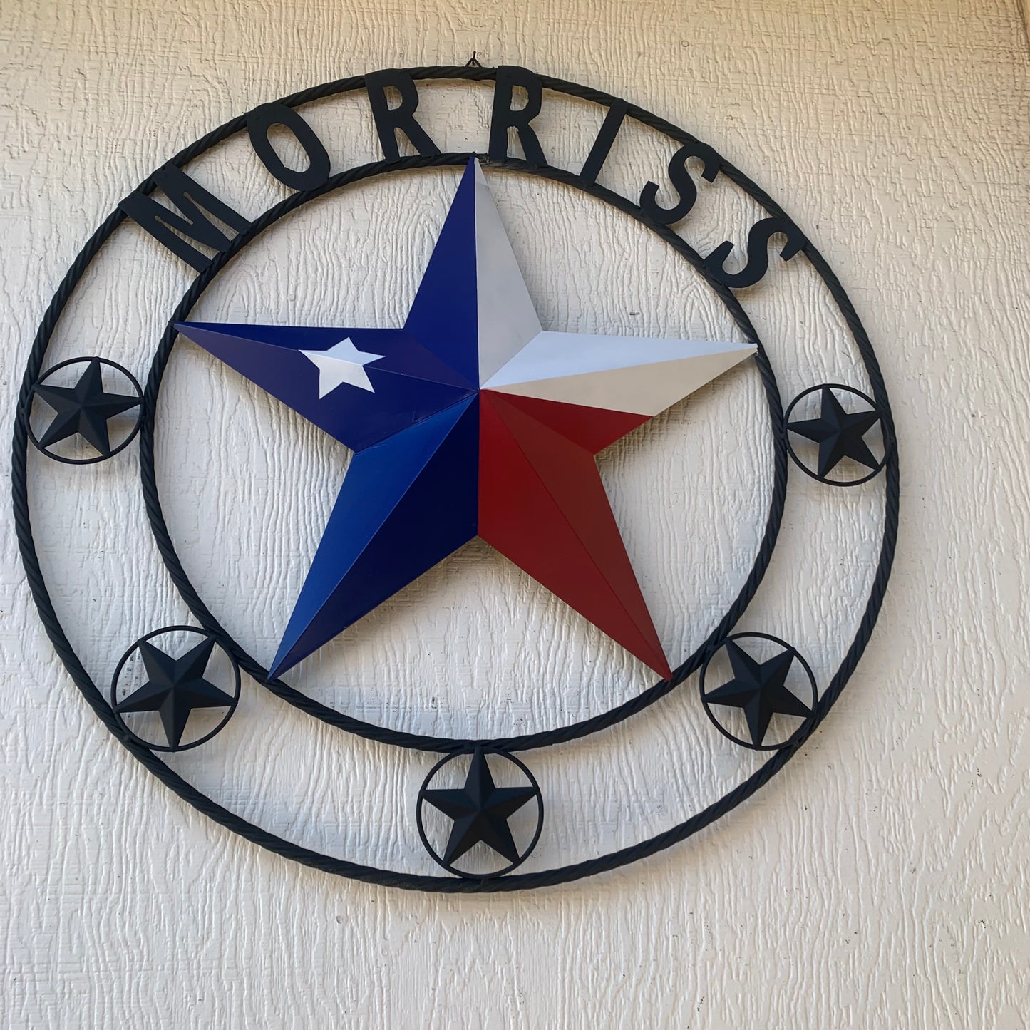 MORRISS TEXAS FLAG STYLE CUSTOM NAME STAR TWISTED ROPE BLACK RING WESTERN HOME DECOR HANDMADE