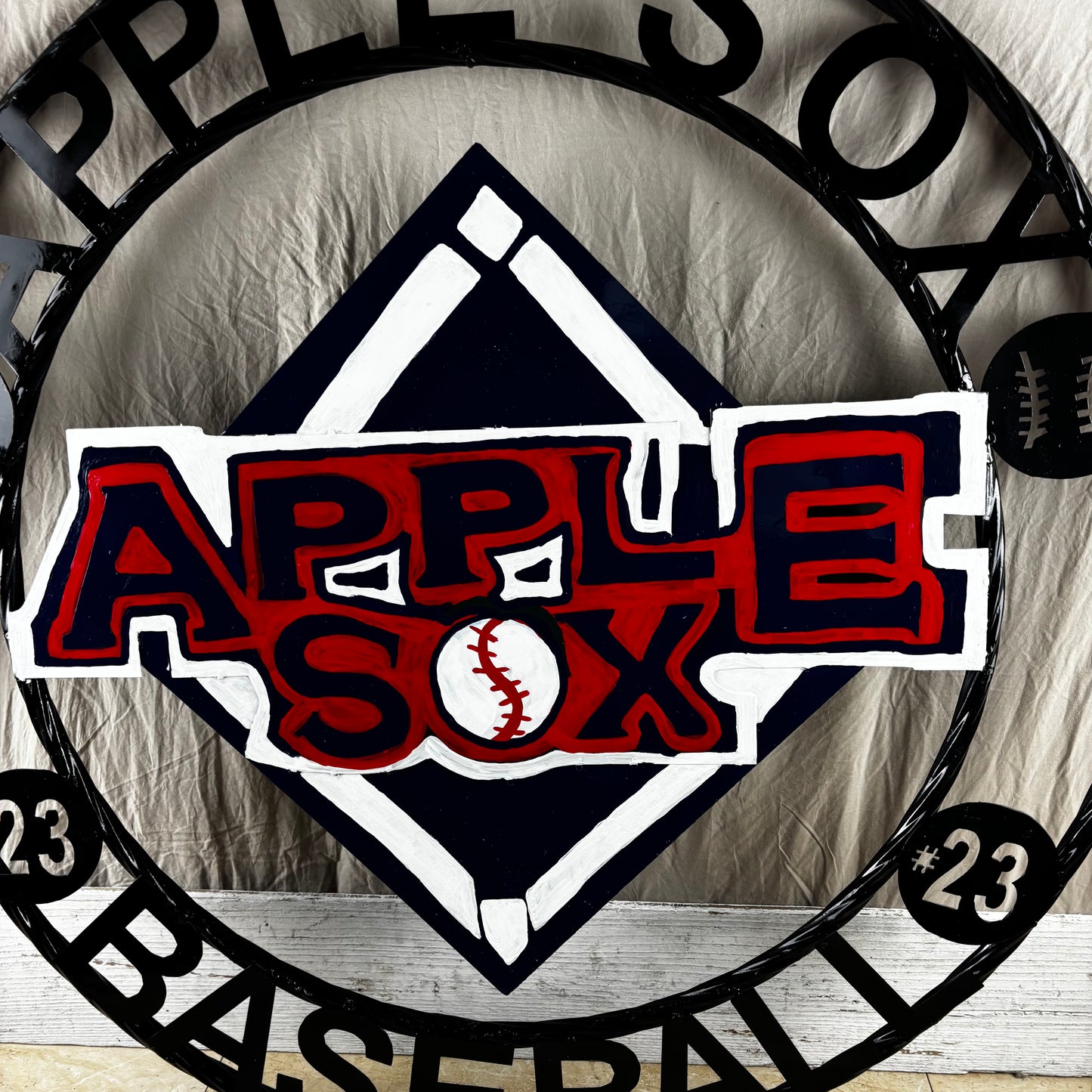 APPLE SOX BASEBALL CUSTOM METAL VINTAGE CRAFT SIGN TEAM NAVY BLUE WHITE RED HANDMADE