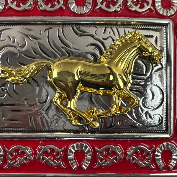 HORSE BELT BUCKLE GOLD SILVER & RED OUTLINE WESTERN METAL BUCKLE FASHION ART 4.5" X 3.5"  #EH12265