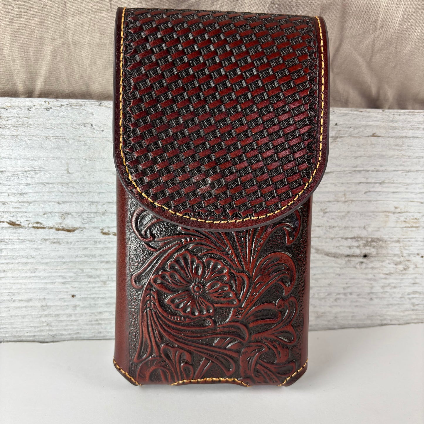 7" PLAIN FLORAL LEATHER HOLSTER BROWN STAR POUCH EXTRA LARGE  BELT LOOP CELL PHONE CASE UNIVERSAL OVERSIZE