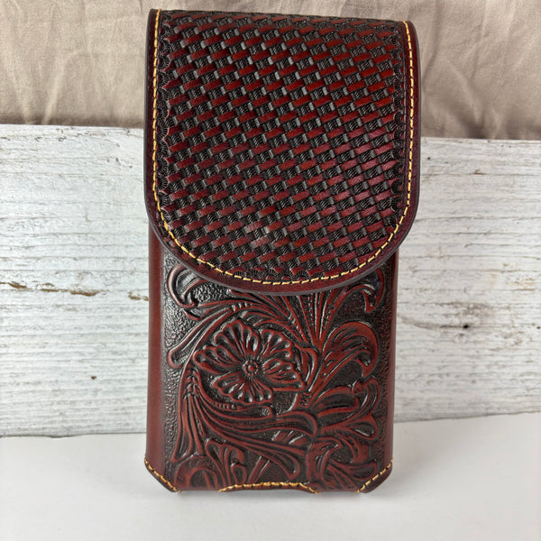 7" PLAIN FLORAL LEATHER HOLSTER BROWN STAR POUCH EXTRA LARGE  BELT LOOP CELL PHONE CASE UNIVERSAL OVERSIZE