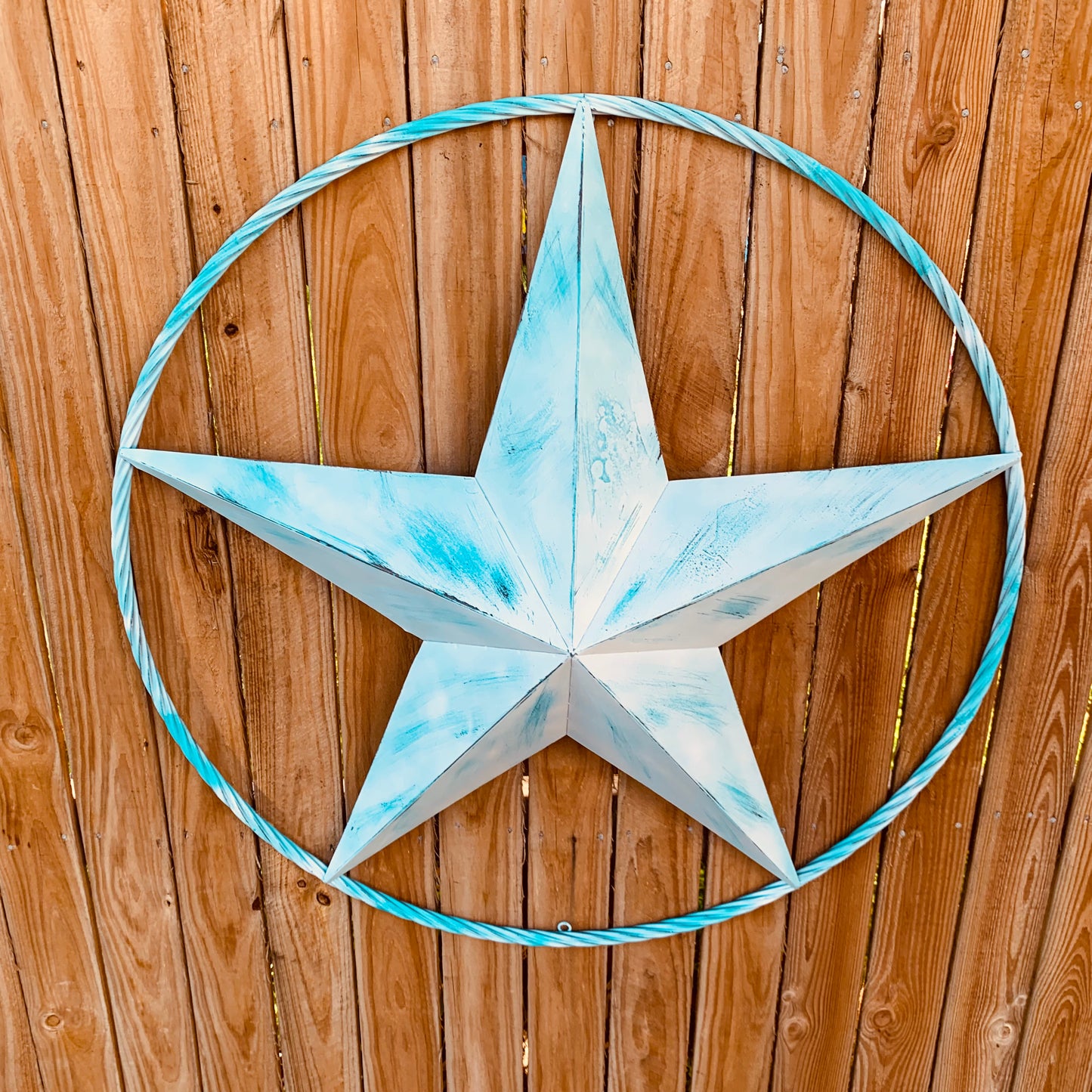 #EH11219 TURQUOISE WHITE DISTRESSED STAR TWO TONE TEXTURE BARN STAR METAL LONESTAR TWISTED ROPE RING WESTERN HOME DECOR HANDMADE NEW