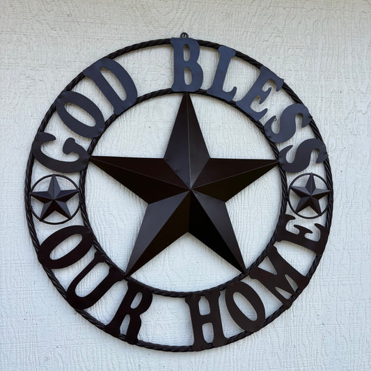 GOD BLESS OUR HOME BLACK BARN STAR METAL LONE STAR TWISTED ROPE RING WESTERN HOME DECOR HANDMADE #EH10941
