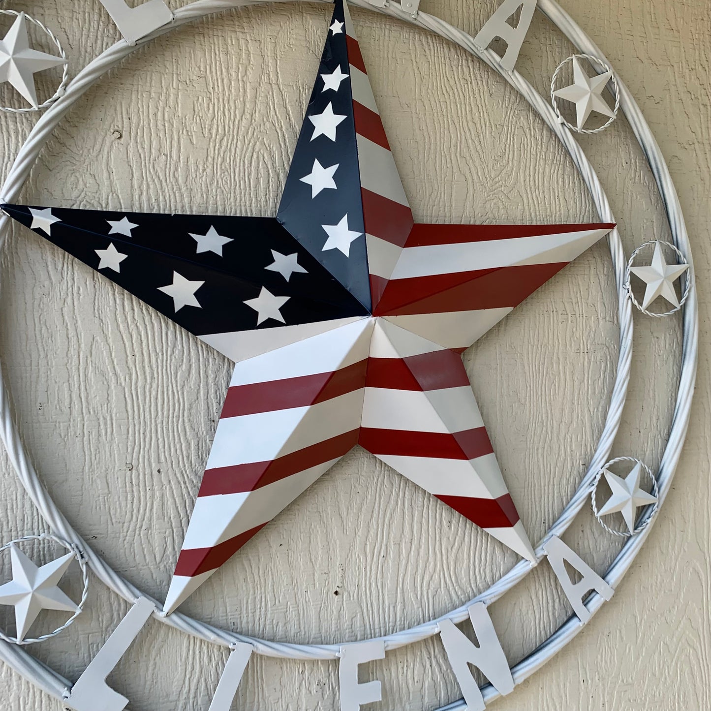 LUNA STYLE CUSTOM NAME BARN STAR METAL STAR 3d TWISTED ROPE RING WESTERN HOME DECOR USA FLAG STAR RED WHOTE & BLUE WITH WHITE RING HANDMADE 24",32",36",50"