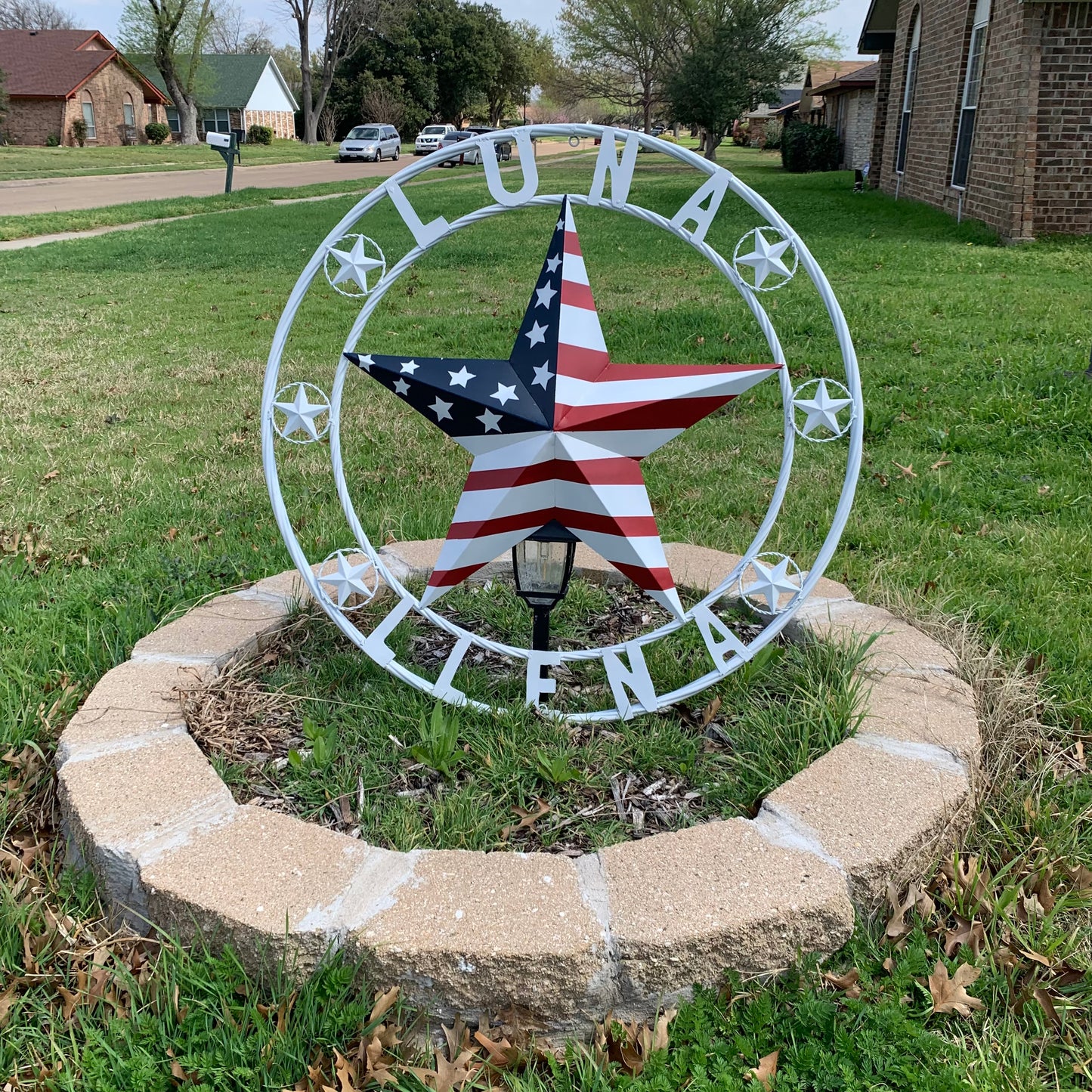 LUNA STYLE CUSTOM NAME BARN STAR METAL STAR 3d TWISTED ROPE RING WESTERN HOME DECOR USA FLAG STAR RED WHOTE & BLUE WITH WHITE RING HANDMADE 24",32",36",50"