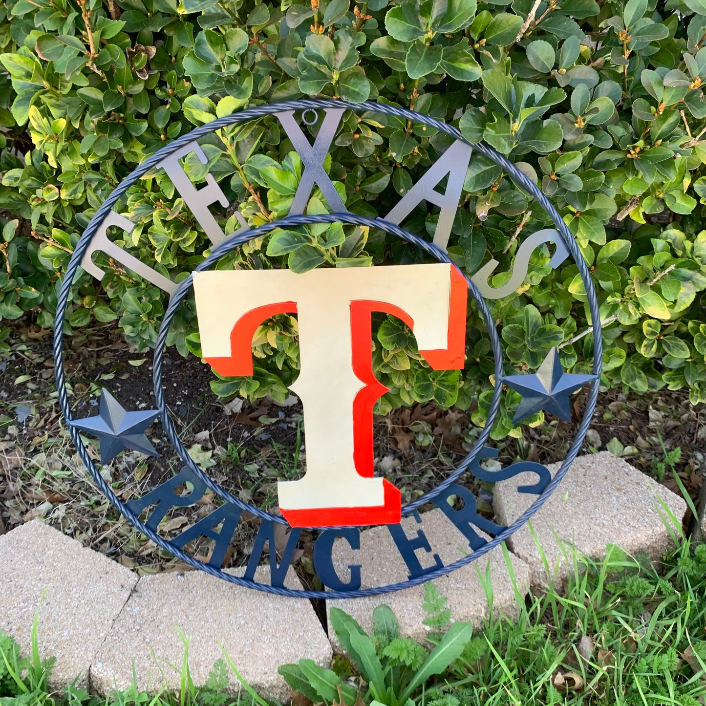 12", 18", 24", 32" TEXAS RANGERS BARN CUSTOM METAL VINTAGE CRAFT SIGN TEAM  WHITE & RED & NAVY BLUE RING & STAR HANDMADE