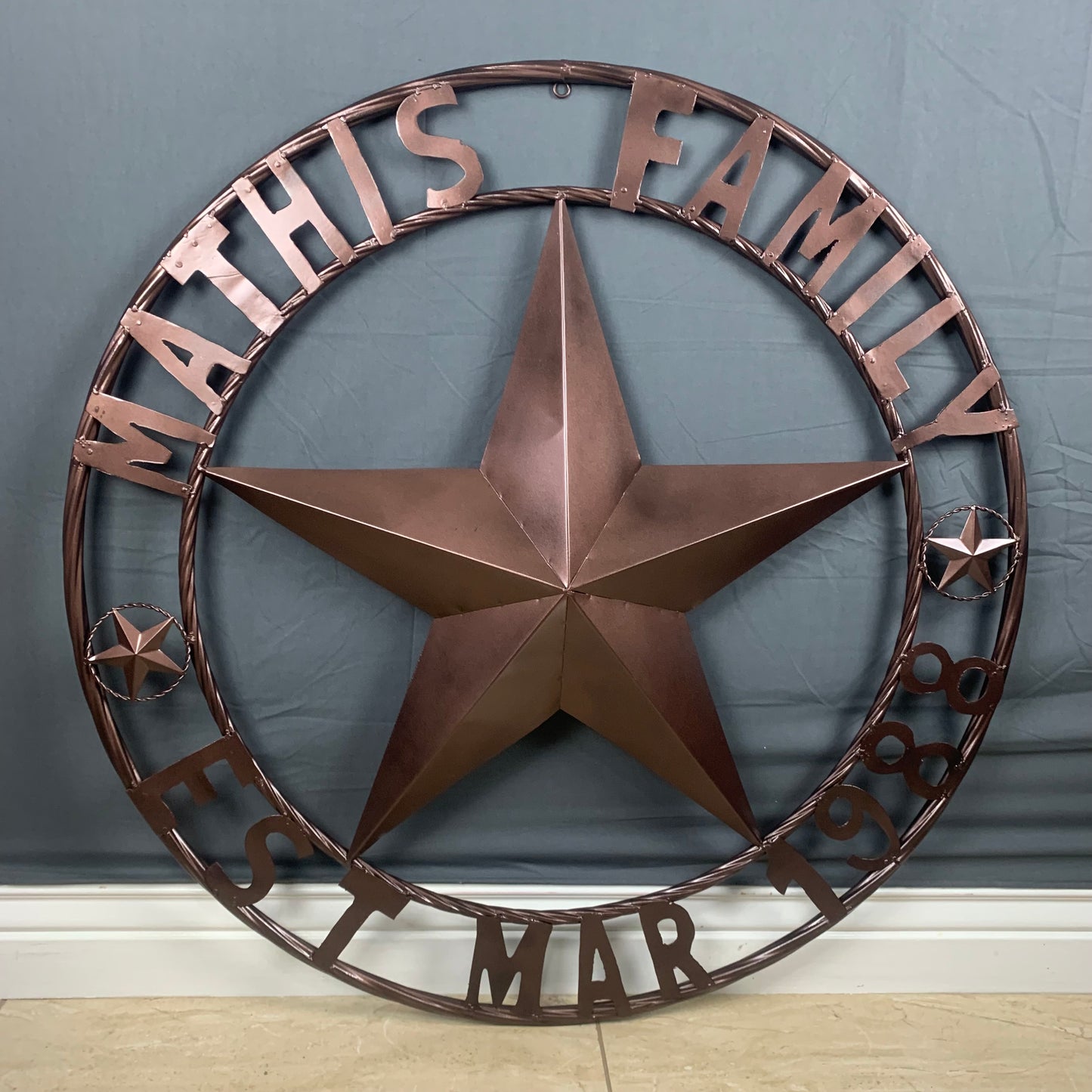 MATHIS STYLE CUSTOM NAME STAR BARN STAR 3d METAL LONESTAR TWISTED ROPE RING WESTERN HOME DECOR RUSTIC BRONZE COPPER HANDMADE 24",32",36",50"