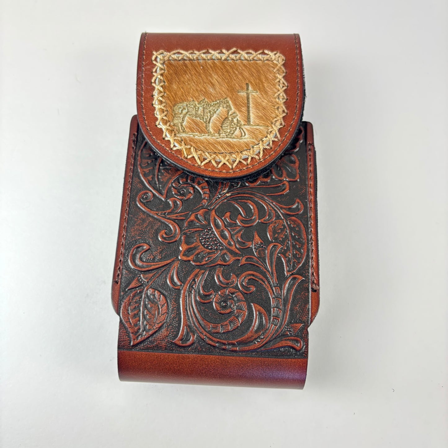 7" COWBOY PRAYER  LEATHER HOLSTER BROWN POUCH EXTRA LARGE  BELT LOOP CELL PHONE CASE UNIVERSAL OVERSIZE #EH13322