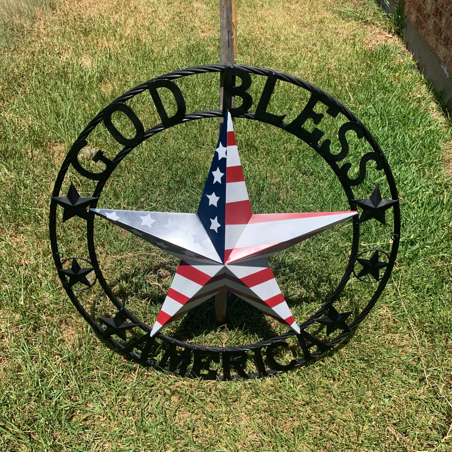 GOD BLESS AMERICA USA FLAG 3d STAR METAL BARN STAR BLACK TWISTED ROPE RING WALL ART WESTERN HOME DECOR RED WHITE & BLUE HANDMADE NEW #EH10490