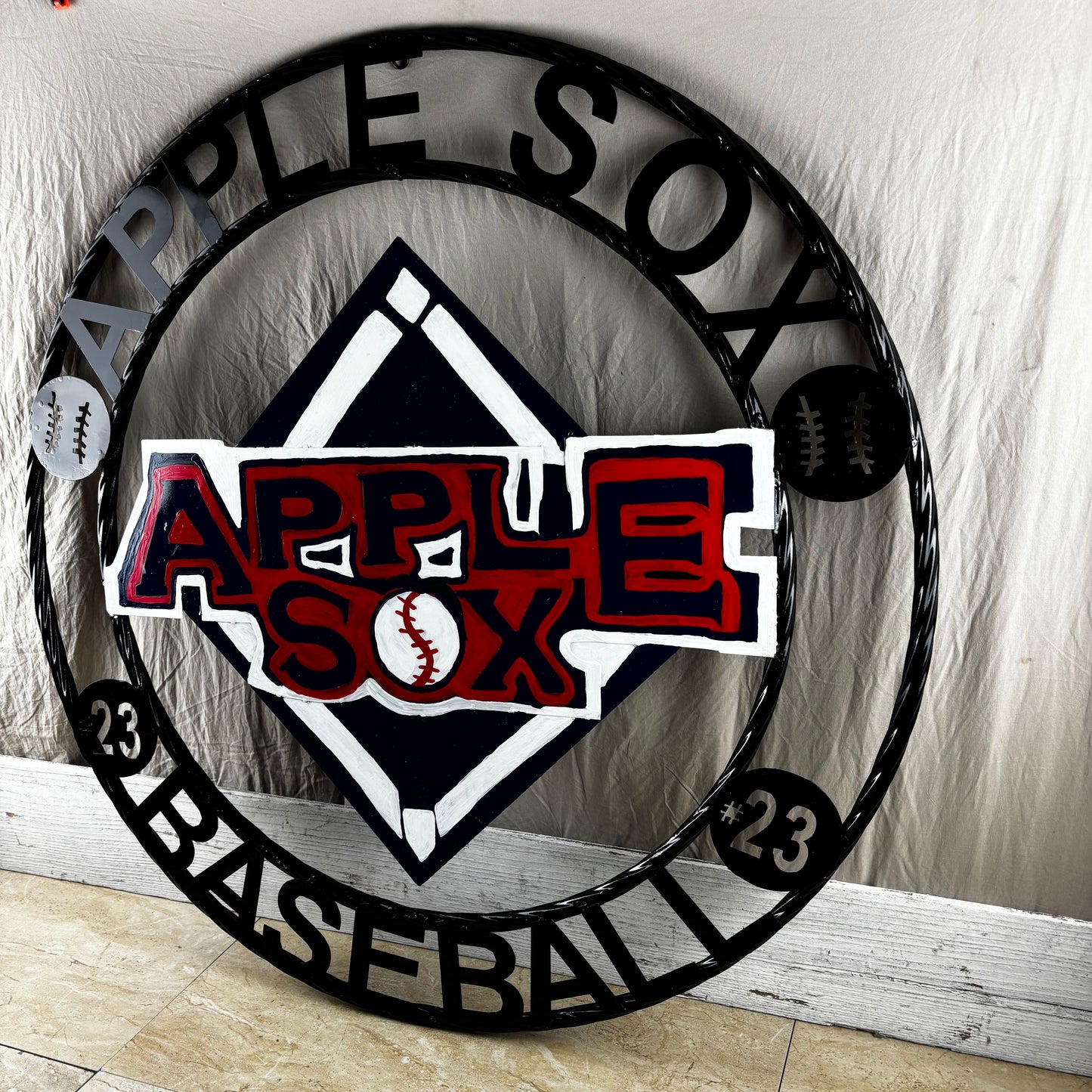 APPLE SOX BASEBALL CUSTOM METAL VINTAGE CRAFT SIGN TEAM NAVY BLUE WHITE RED HANDMADE
