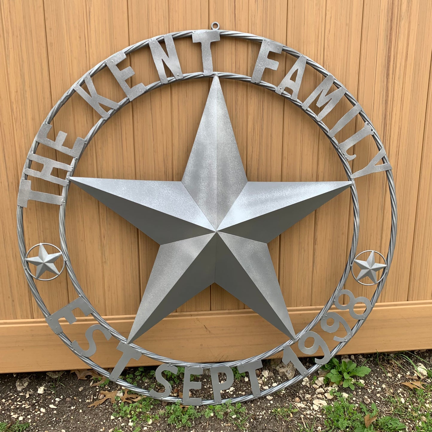 KENT STYLE CUSTOM STAR NAME BARN METAL STAR 3d TWISTED ROPE RING WESTERN HOME DECOR RUSTIC GREY SILVER HANDMADE 24",32",36",50"