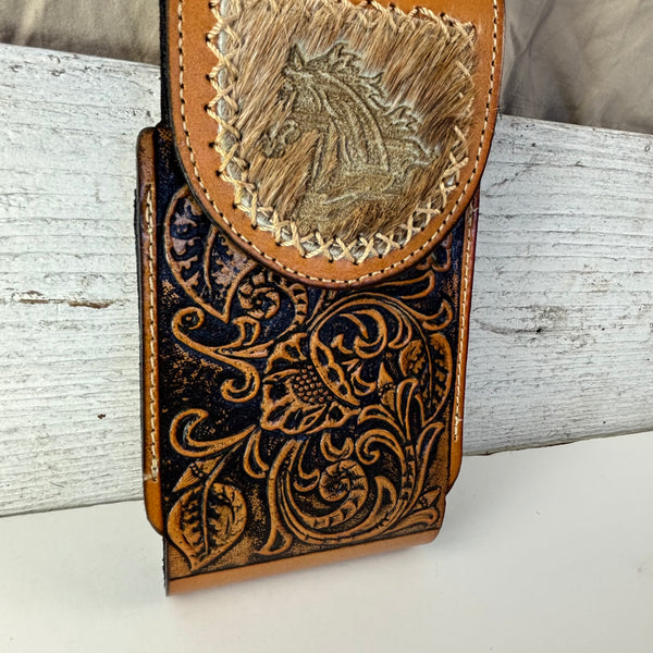 7" HORSE LEATHER HOLSTER TAN POUCH EXTRA LARGE  BELT LOOP CELL PHONE CASE UNIVERSAL OVERSIZE