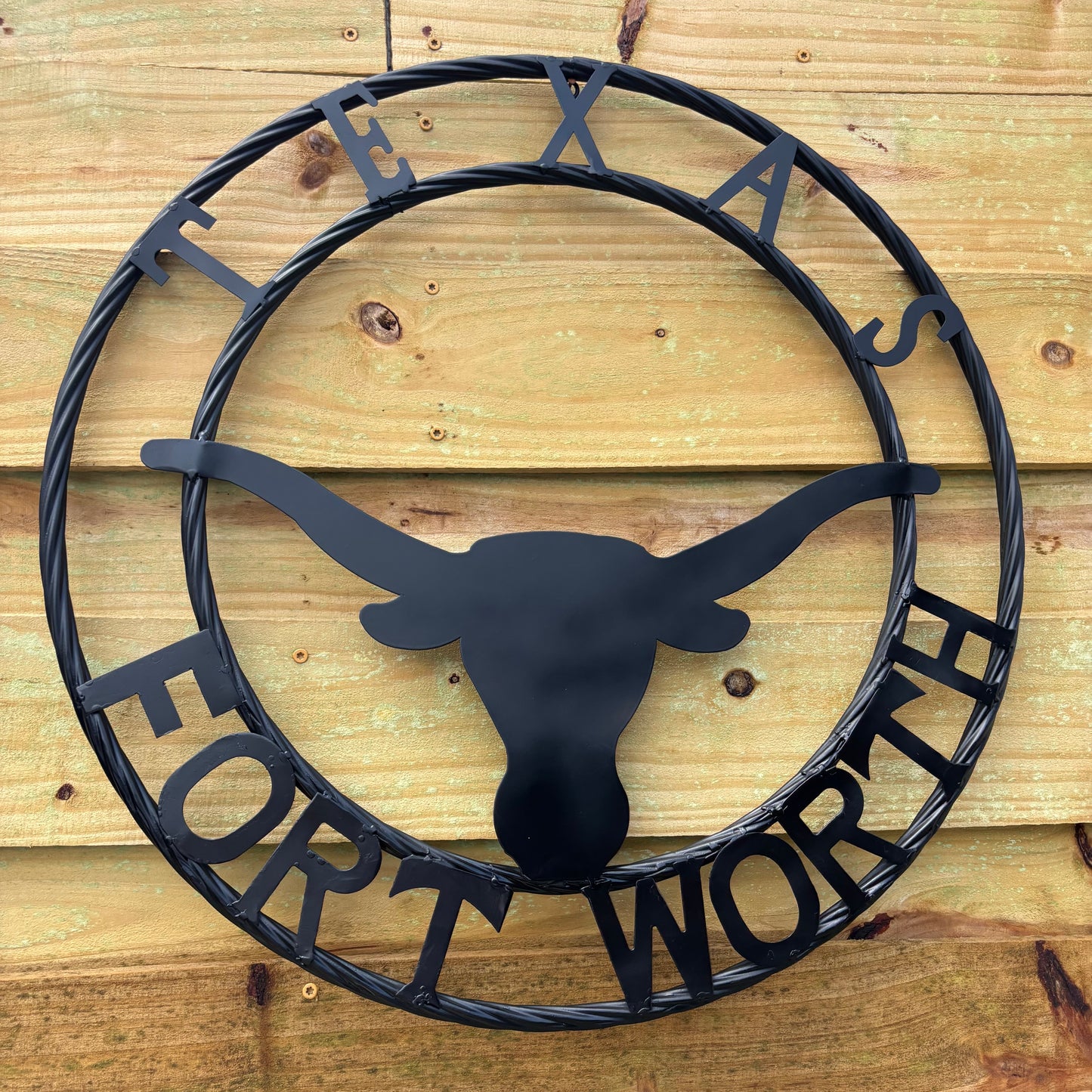 TEXAS FORT WORTH METAL SIGN LONGHORNS BLACK WESTERN HOME DECOR HANDMADE