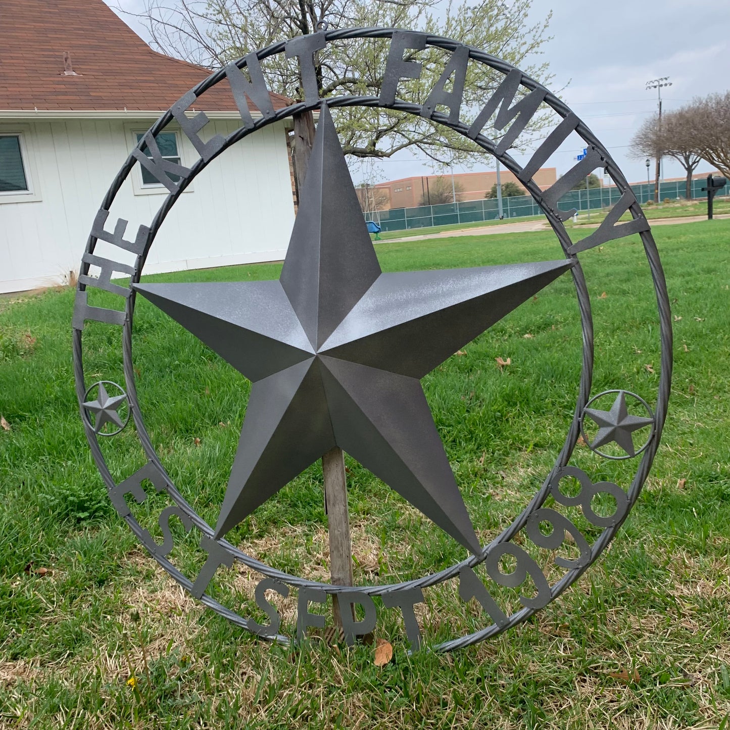 KENT STYLE CUSTOM STAR NAME BARN METAL STAR 3d TWISTED ROPE RING WESTERN HOME DECOR RUSTIC GREY SILVER HANDMADE 24",32",36",50"
