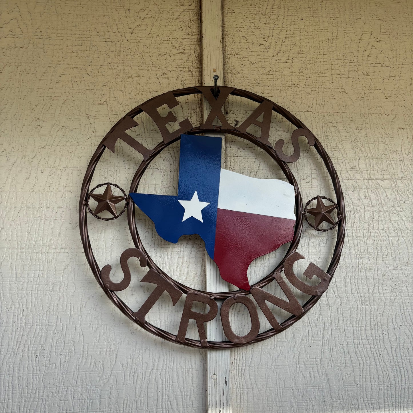 TEXAS STRONG SIGN METAL WALL ART WESTERN HOME DECOR RED WHITE BLUE WITH BRONZE RING HANDMADE #EH13212