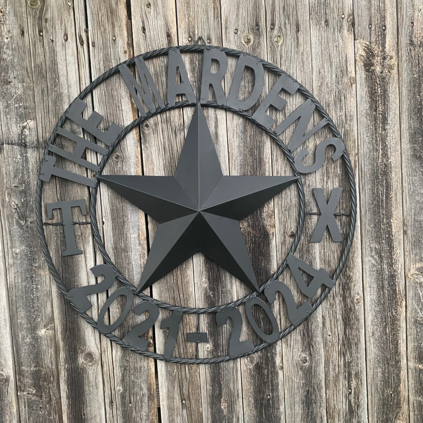 MARDENS STYLE CUSTOM NAME STAR BARN METAL STAR 3d TWISTED ROPE RING WESTERN HOME DECOR RUSTIC BLACK HANDMADE 24",32",36",50"