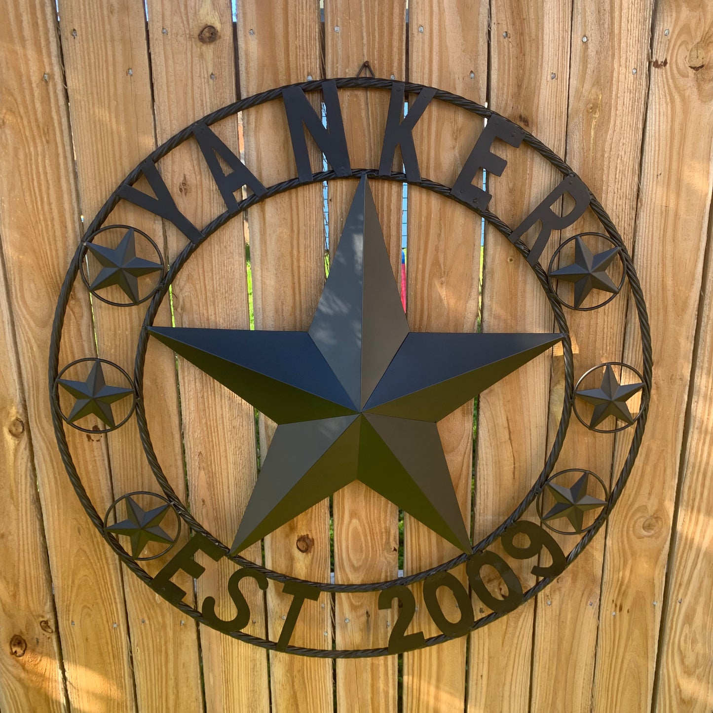 YANKER STYLE CUSTOM NAME STAR BARN METAL STAR 3d TWISTED ROPE RING WESTERN HOME DECOR RUSTIC BLACK HANDMADE 24",32",36",50"