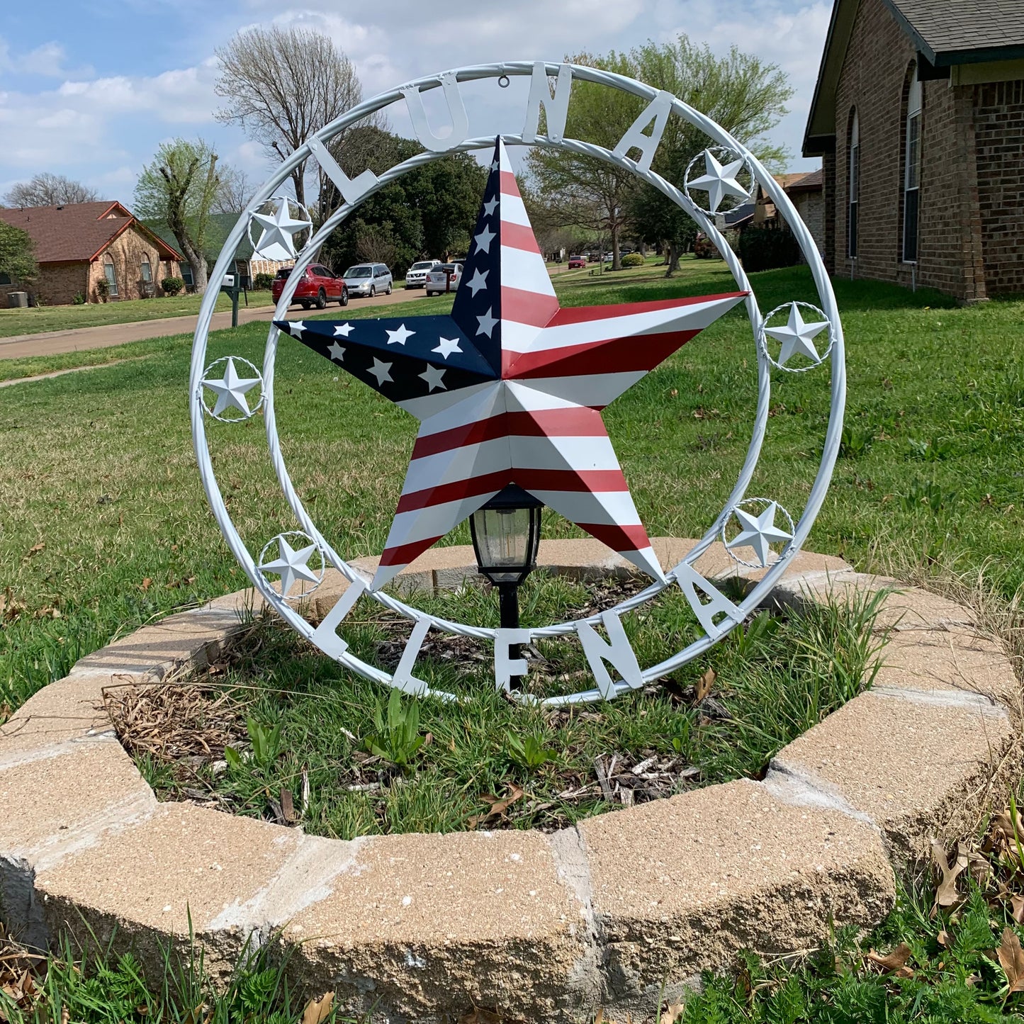 LUNA STYLE CUSTOM NAME BARN STAR METAL STAR 3d TWISTED ROPE RING WESTERN HOME DECOR USA FLAG STAR RED WHOTE & BLUE WITH WHITE RING HANDMADE 24",32",36",50"