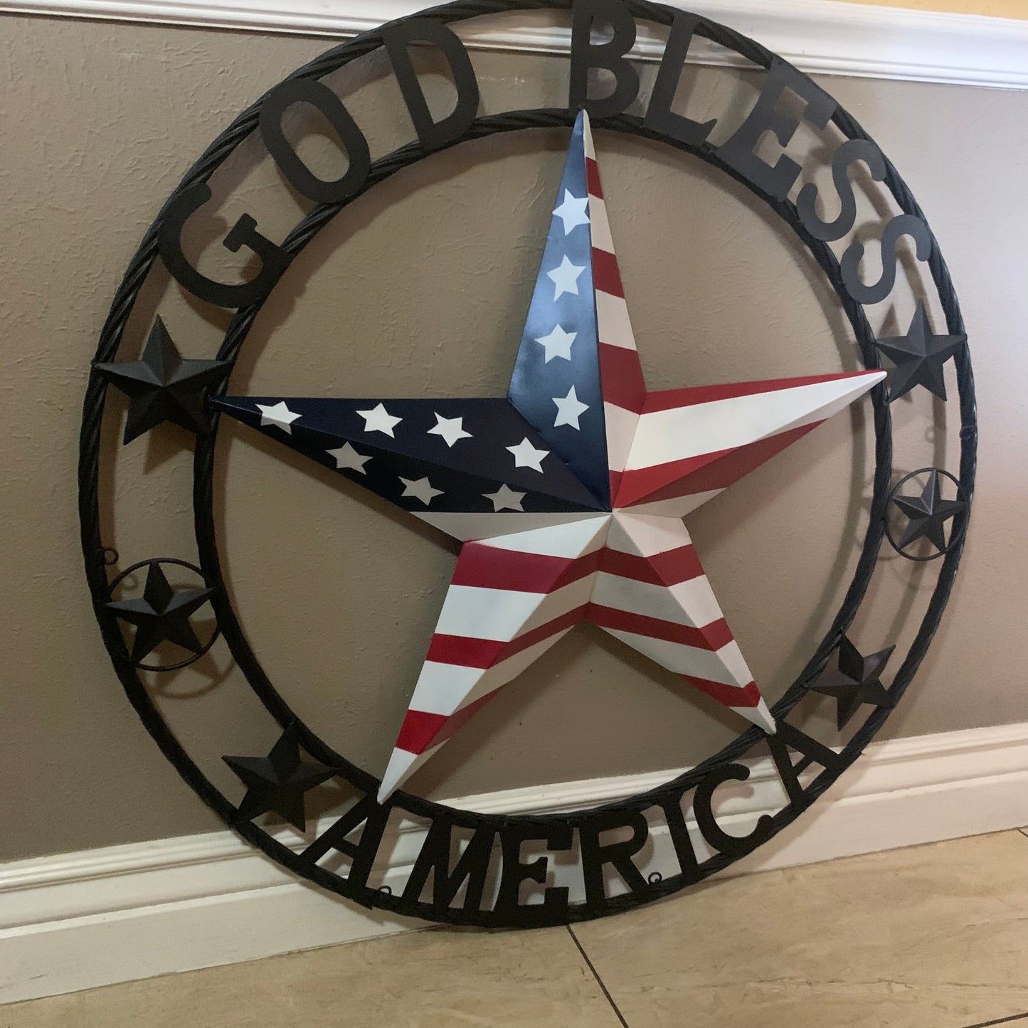 GOD BLESS AMERICA USA FLAG 3d STAR METAL BARN STAR BLACK TWISTED ROPE RING WALL ART WESTERN HOME DECOR RED WHITE & BLUE HANDMADE NEW #EH10490