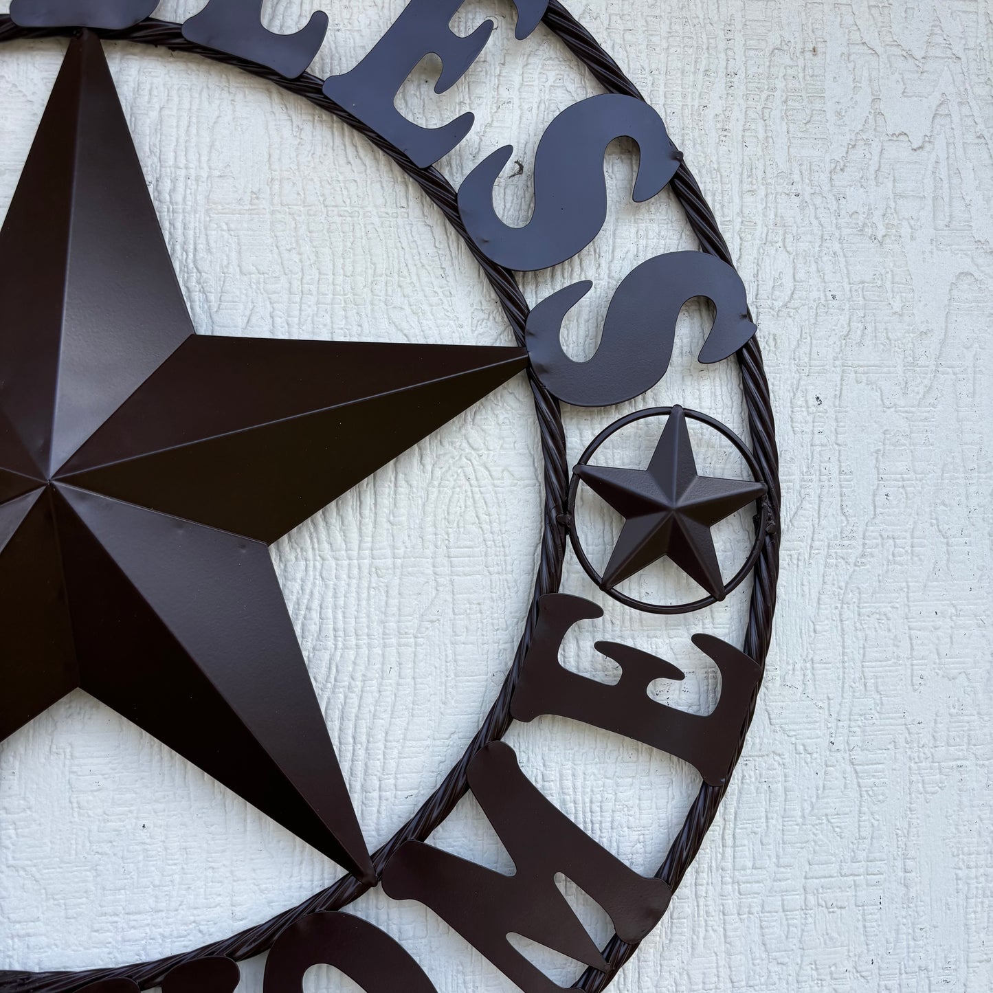 GOD BLESS OUR HOME BLACK BARN STAR METAL LONE STAR TWISTED ROPE RING WESTERN HOME DECOR HANDMADE #EH10941