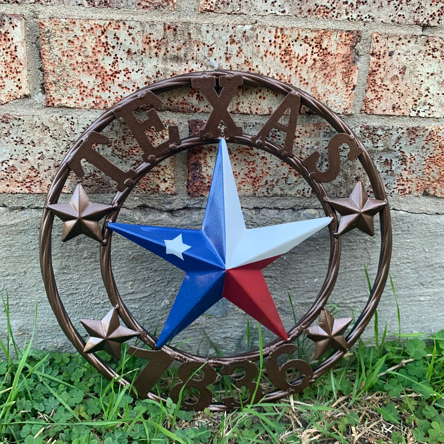 TEXAS FLAG STAR RED WHT BLUE STAR & BRONZE COPPER RING 1836 TEXAS METAL BARN LONE STAR WESTERN HOME DECOR HANDMADE NEW 12",18",24",32",36",50"
