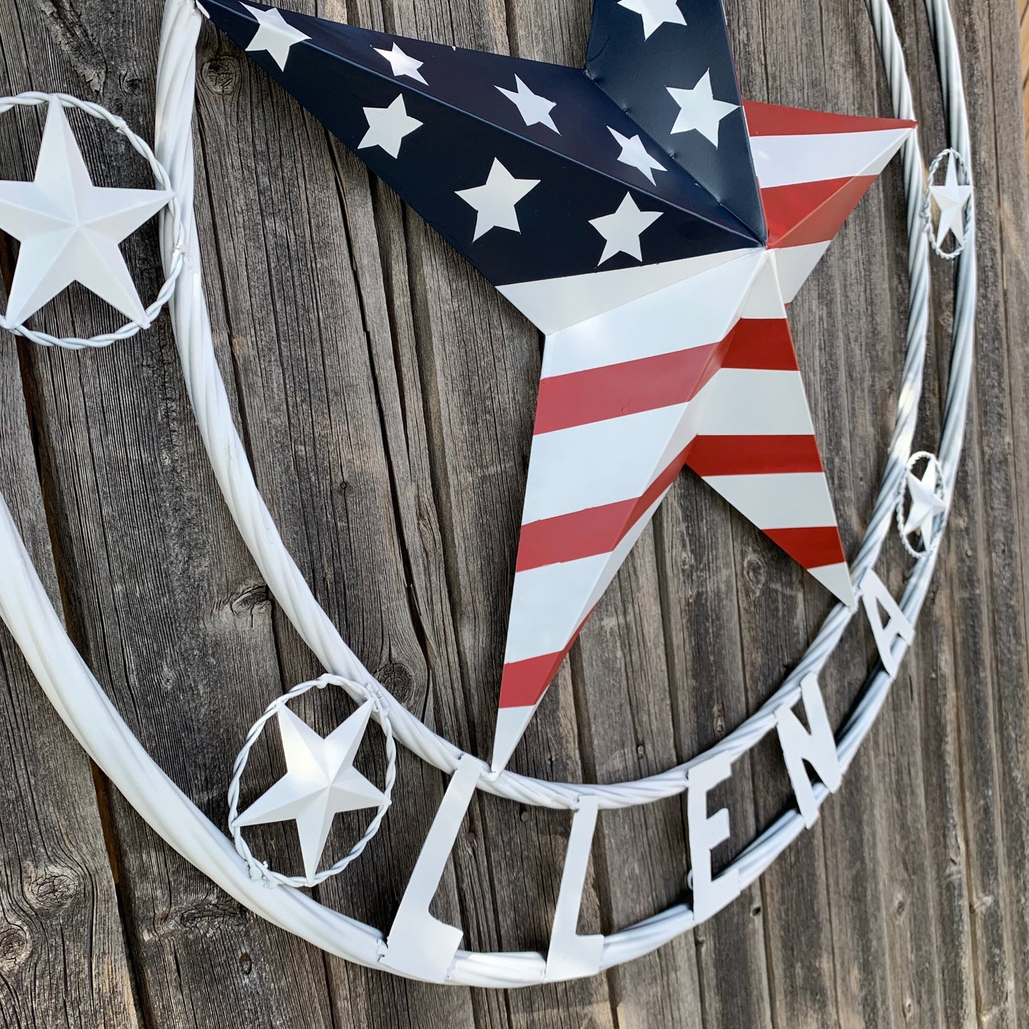 LUNA STYLE CUSTOM NAME BARN STAR METAL STAR 3d TWISTED ROPE RING WESTERN HOME DECOR USA FLAG STAR RED WHOTE & BLUE WITH WHITE RING HANDMADE 24",32",36",50"