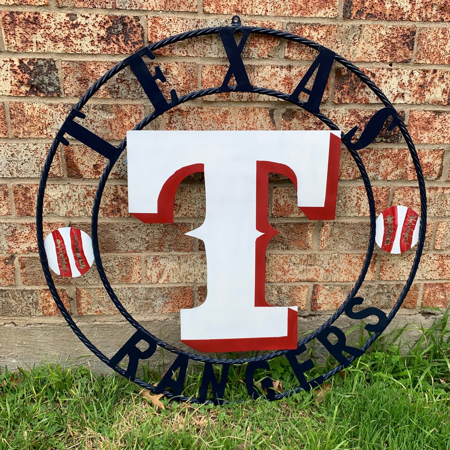 TEXAS RANGERS CUSTOM METAL VINTAGE CRAFT TEAM SIGN WHITE & RED & NAVY BLUE RING HANDMADE