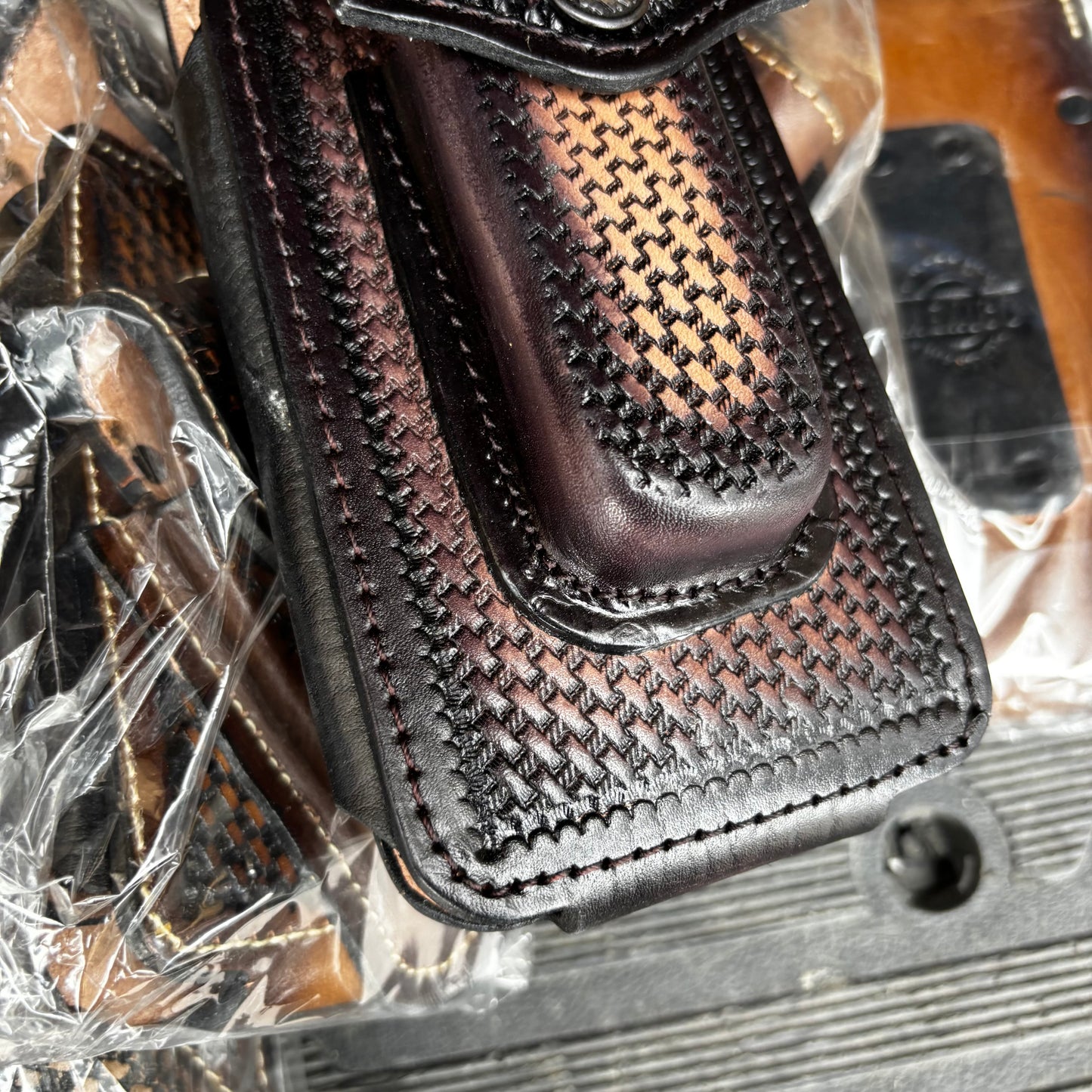 LEAF LEATHER HOLSTER 7" PHONE POUCH WITH KNIFE HOLDER FRONT EXTRA LARGE  BELT LOOP CELL PHONE CASE UNIVERSAL OVERSIZE MEXICO MADE #EH