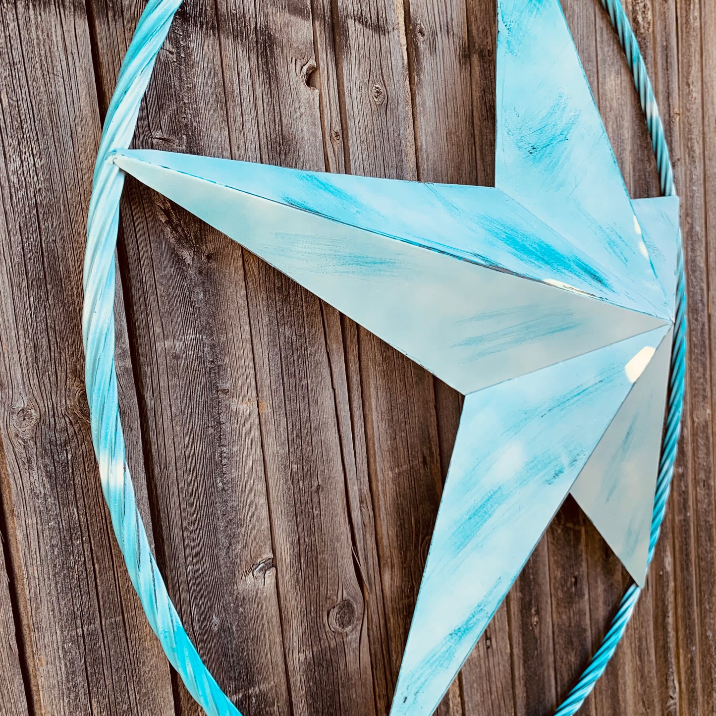#EH11219 TURQUOISE WHITE DISTRESSED STAR TWO TONE TEXTURE BARN STAR METAL LONESTAR TWISTED ROPE RING WESTERN HOME DECOR HANDMADE NEW