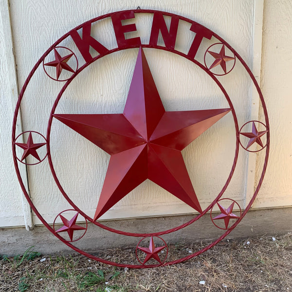 KENT STYLE YOUR CUSTOM STAR METAL NAME RUSTIC BURGUNDY RED CUSTOM 3d STAR METAL NAME BARN STAR TWISTED ROPE RING DESIGN METAL WALL ART HOME DECOR ANY SIZE