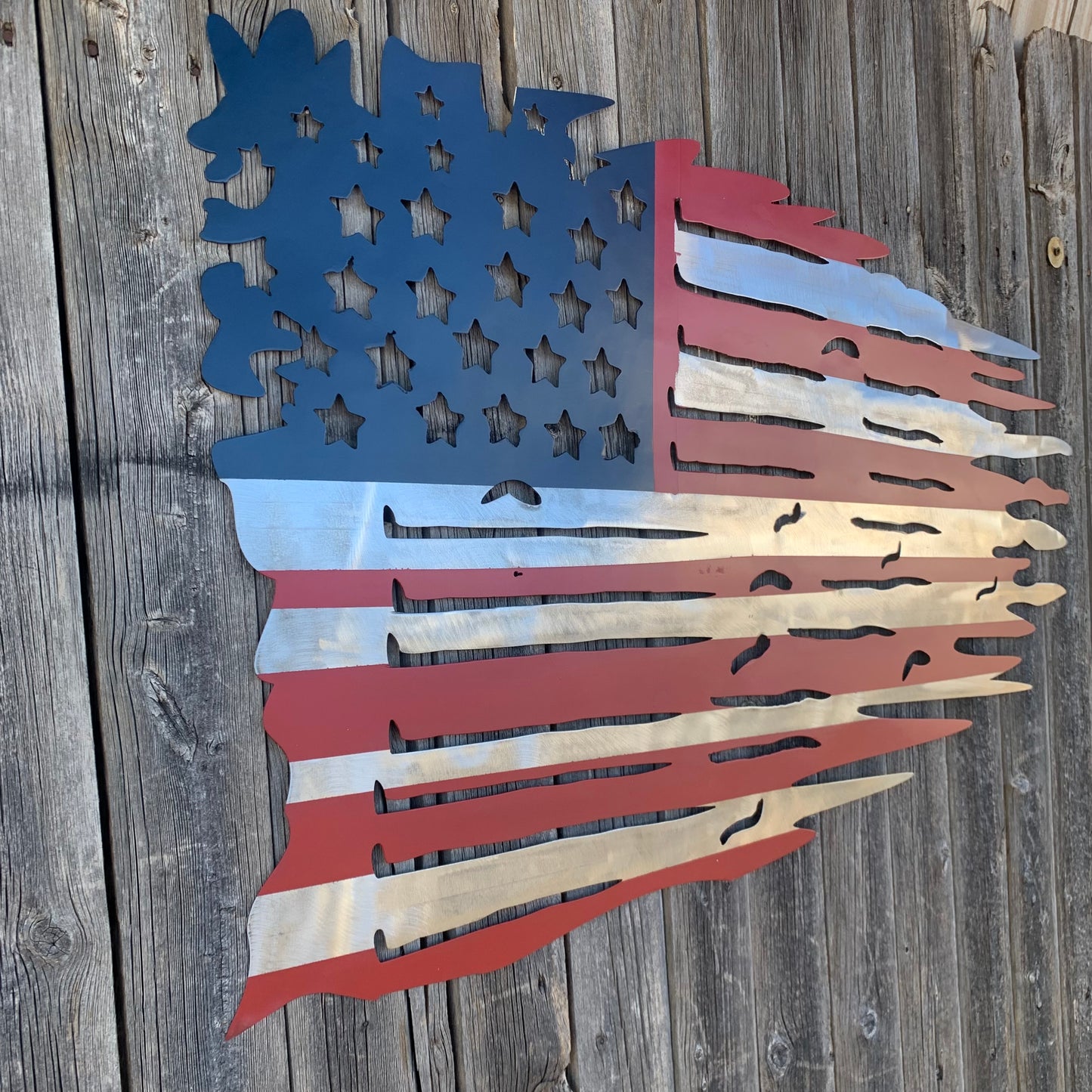 USA TATTERED AMERICAN FLAG METAL WALL ART WESTERN HOME DECOR HANDMADE NEW