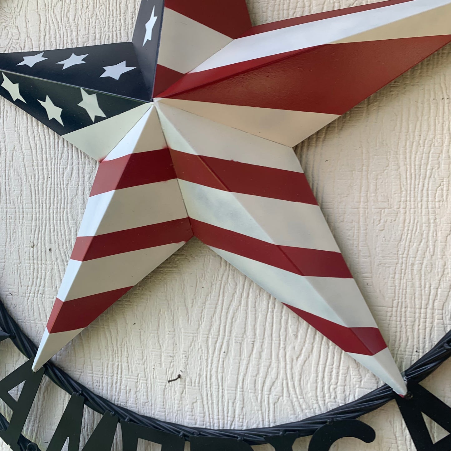 GOD BLESS AMERICA USA FLAG 3d STAR METAL BARN STAR BLACK TWISTED ROPE RING WALL ART WESTERN HOME DECOR RED WHITE & BLUE HANDMADE NEW #EH10490