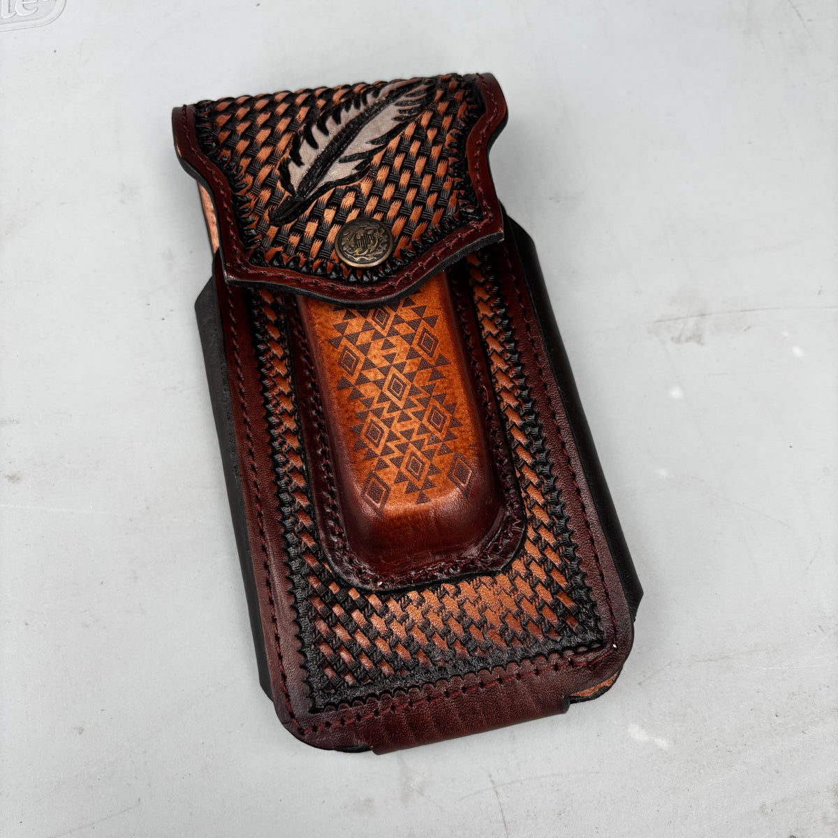 LEAF LEATHER HOLSTER 7" PHONE POUCH WITH KNIFE HOLDER FRONT EXTRA LARGE  BELT LOOP CELL PHONE CASE UNIVERSAL OVERSIZE MEXICO MADE #EH13863