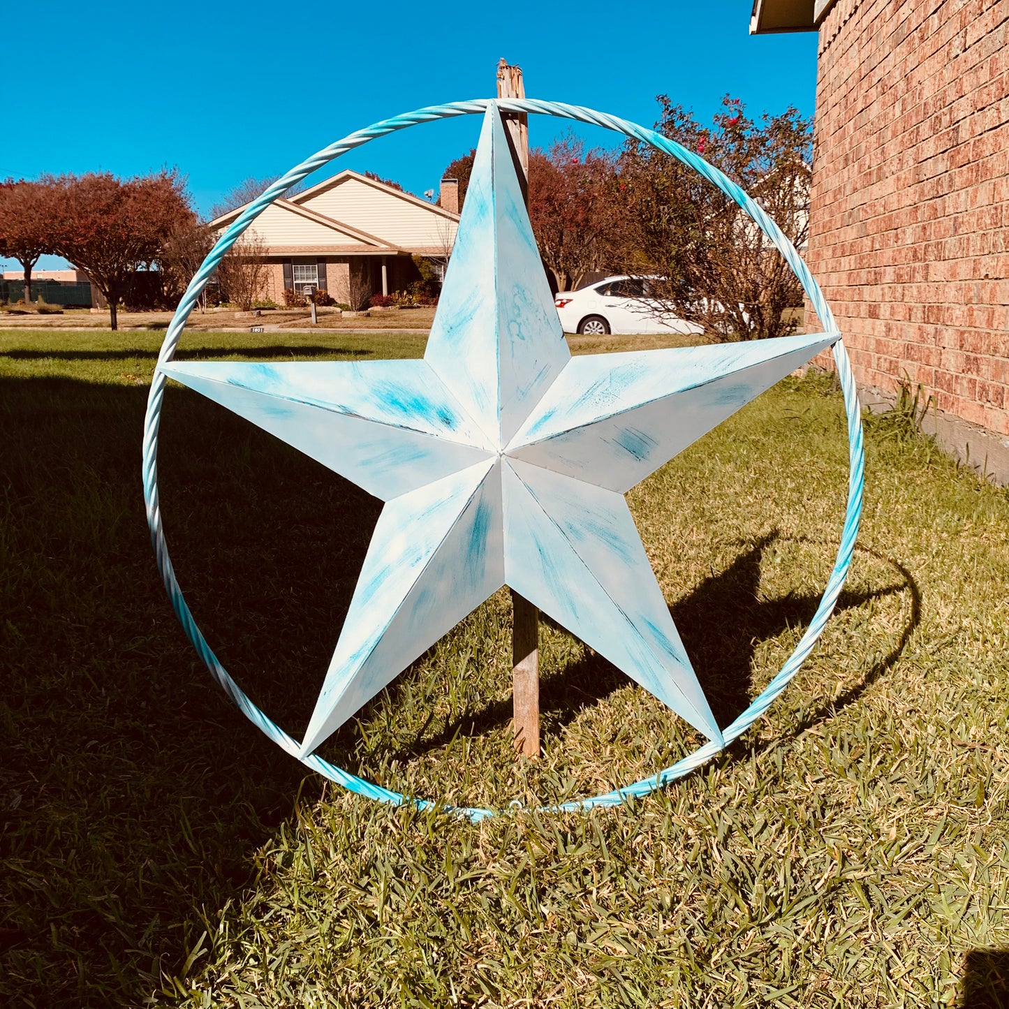 #EH11219 TURQUOISE WHITE DISTRESSED STAR TWO TONE TEXTURE BARN STAR METAL LONESTAR TWISTED ROPE RING WESTERN HOME DECOR HANDMADE NEW