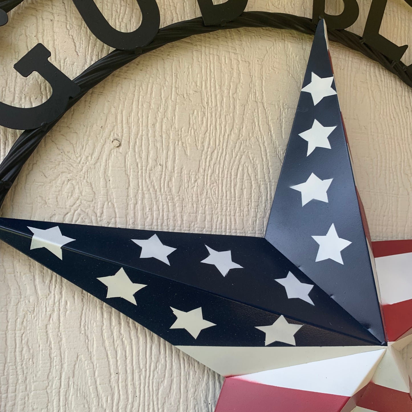 GOD BLESS AMERICA USA FLAG 3d STAR METAL BARN STAR BLACK TWISTED ROPE RING WALL ART WESTERN HOME DECOR RED WHITE & BLUE HANDMADE NEW #EH10490