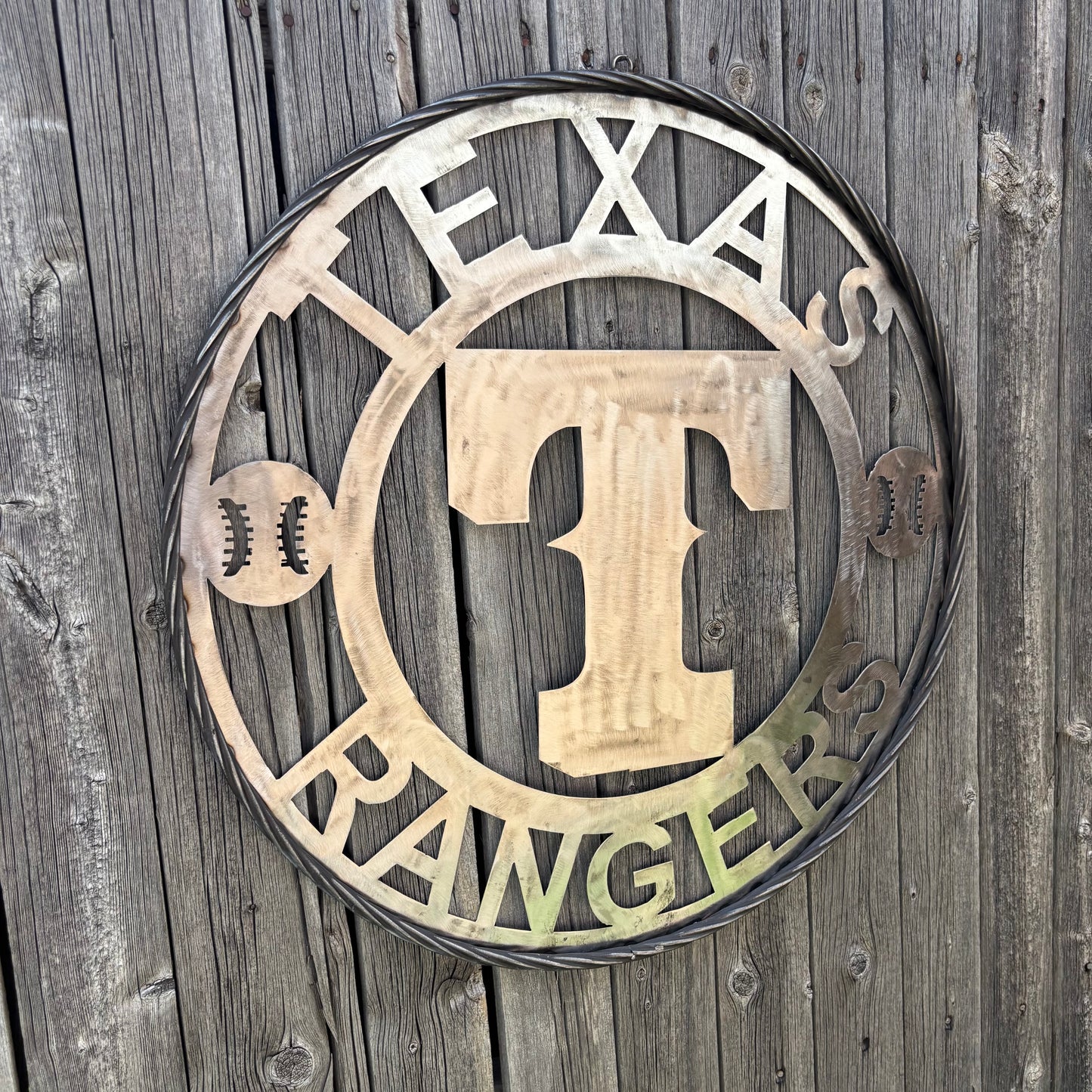 TEXAS RANGERS CUSTOM RAW METAL VINTAGE CRAFT TEAM SIGN TWISTED ROPE RING HANDMADE