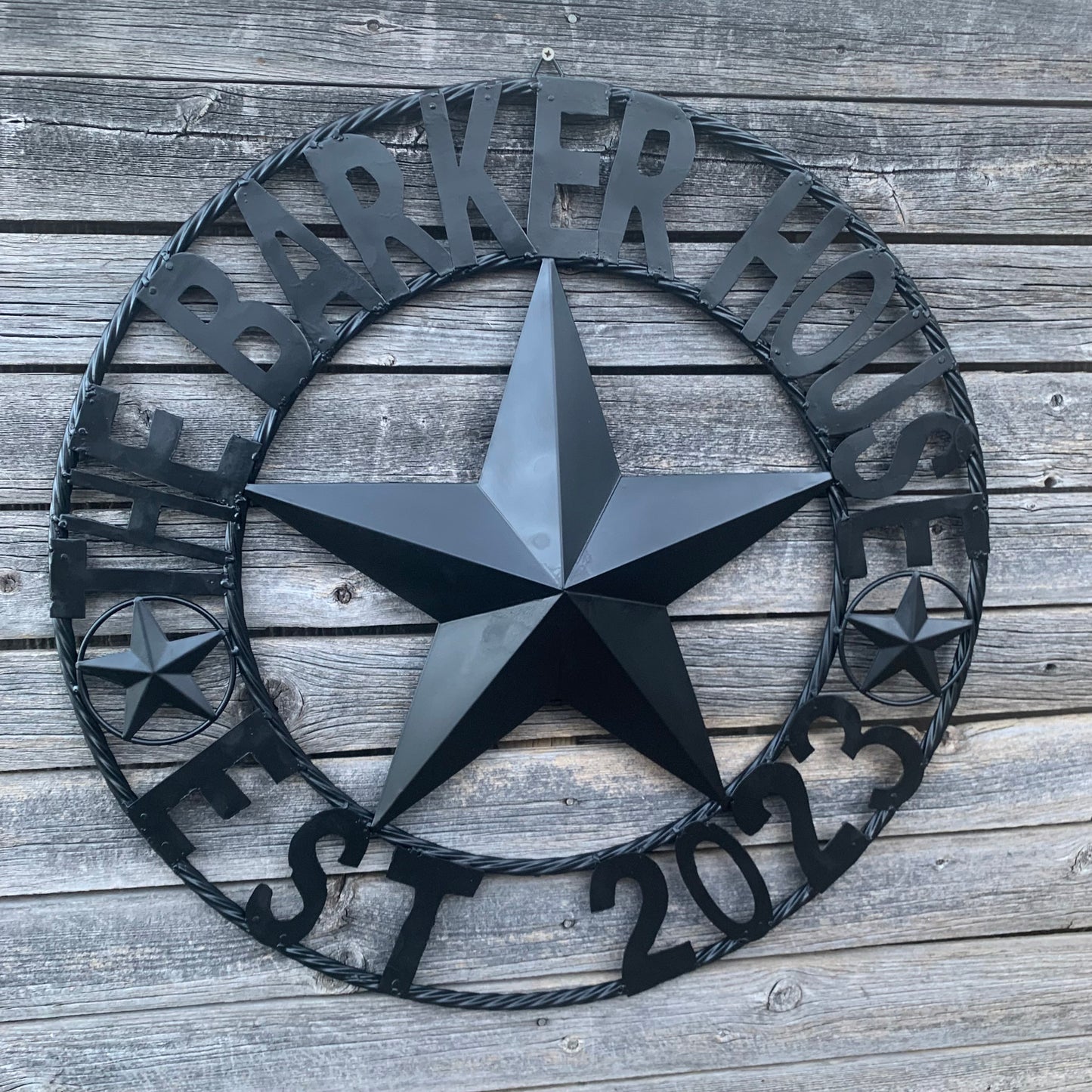 BARKER STYLE CUSTOM NAME STAR BARN METAL STAR 3d TWISTED ROPE RING LONESTAR WESTERN HOME DECOR RUSTIC BLACK HANDMADE 24",32",36",50"