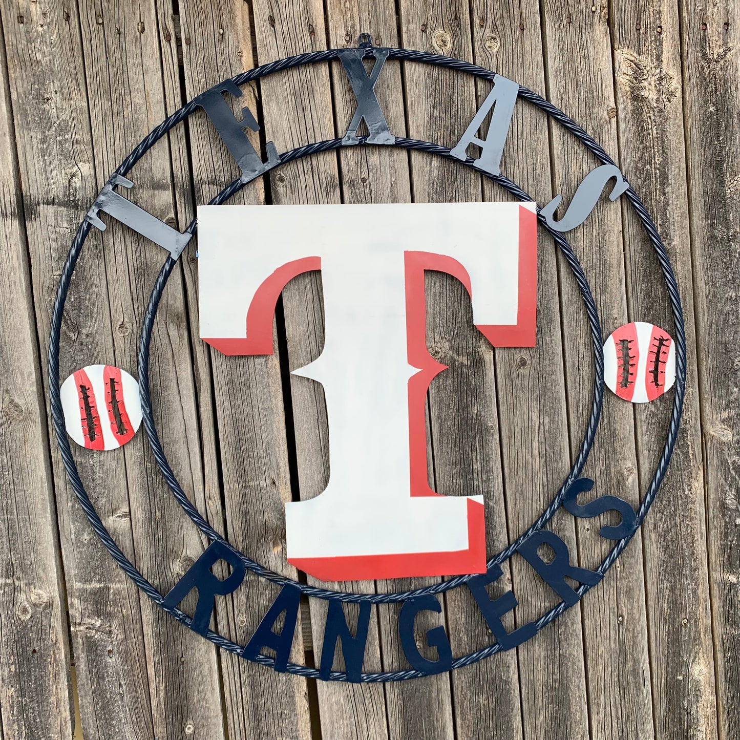 TEXAS RANGERS CUSTOM METAL VINTAGE CRAFT TEAM SIGN WHITE & RED & NAVY BLUE RING HANDMADE