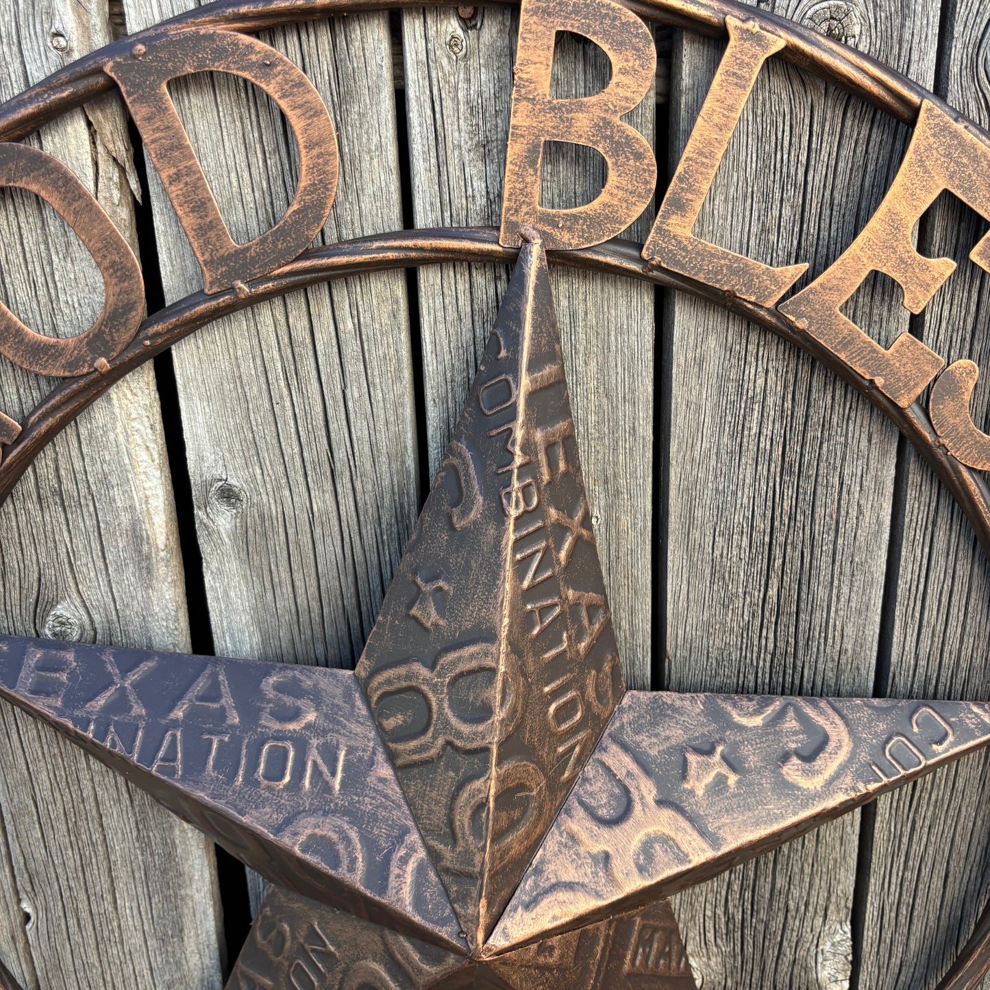 GOD BLESS TEXAS LICENSE PLATE EMBOSSED STAR BARN STAR METAL LONE STAR WESTERN HOME DECOR HANDMADE