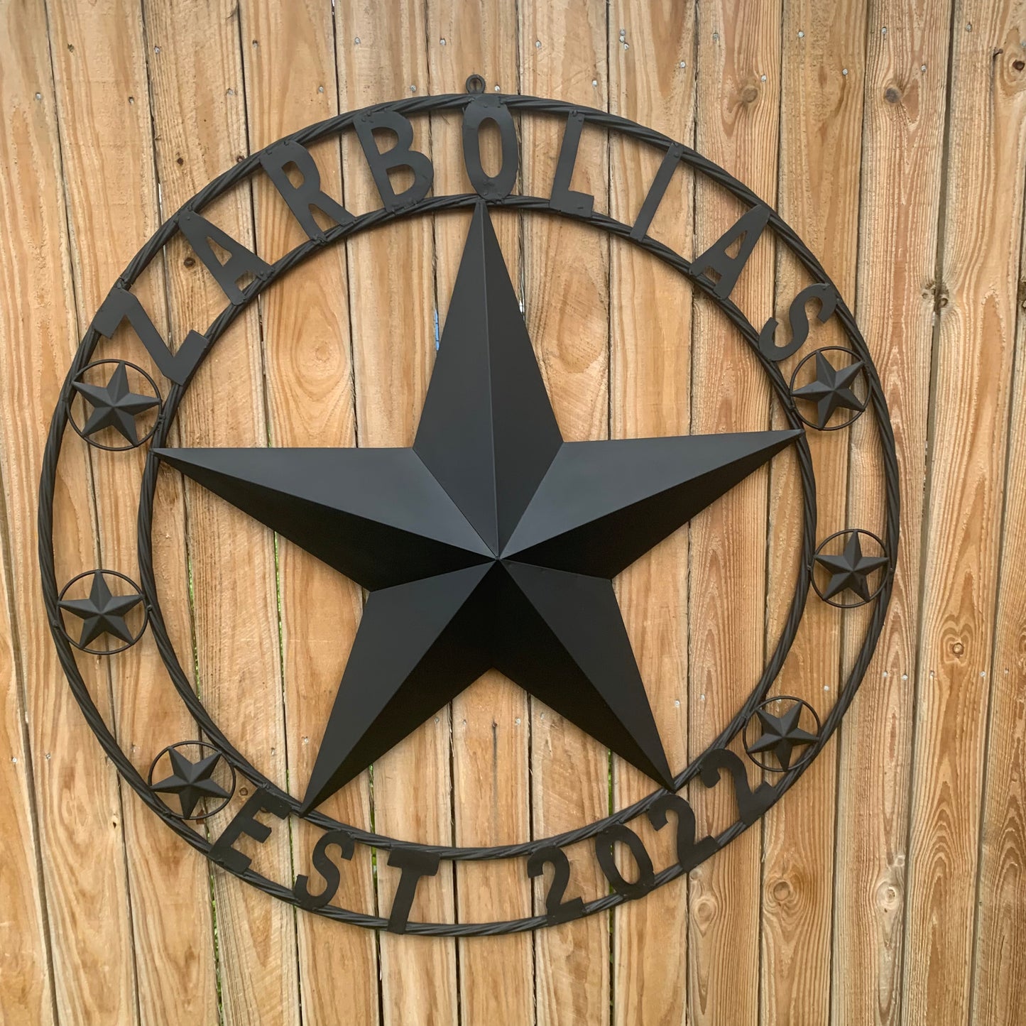 ZARBOLIAS STYLE CUSTOM NAME STAR BARN METAL STAR 3d TWISTED ROPE RING WESTERN HOME DECOR RUSTIC BLACK HANDMADE 24",32",36",50"
