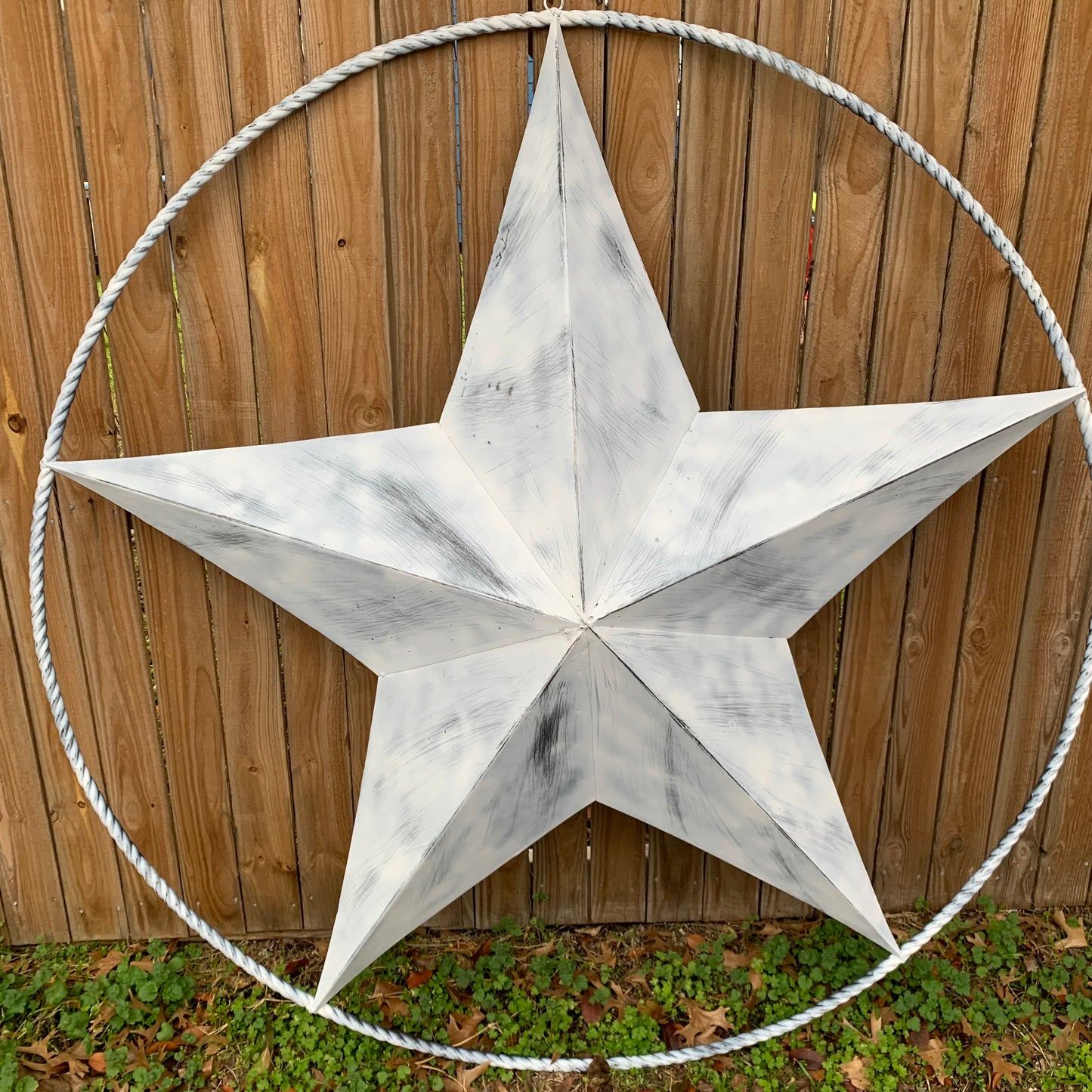 5 FOOT WHITE DISTRESSED STAR TWO TONE TEXTURE BARN STAR METAL LONESTAR TWISTED ROPE RING WESTERN HOME DECOR HANDMADE NEW
