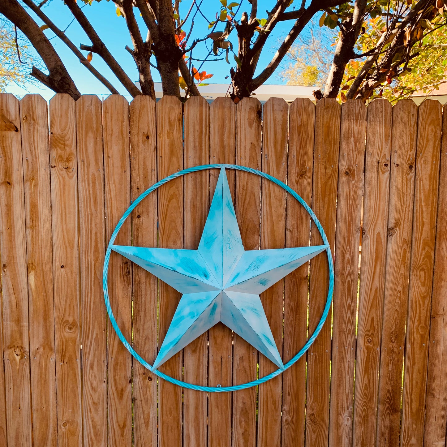 #EH11219 TURQUOISE WHITE DISTRESSED STAR TWO TONE TEXTURE BARN STAR METAL LONESTAR TWISTED ROPE RING WESTERN HOME DECOR HANDMADE NEW
