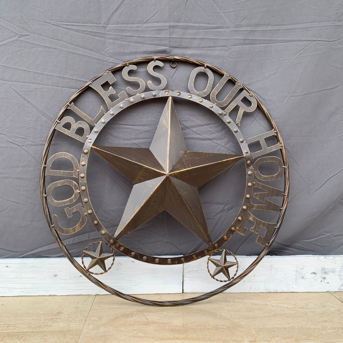 24" GOD BLESS OUR HOME BEADED STAR COLIBROX METAL TWISTED ROPE RING LONE STAR WALL ART WESTERN HOME DECOR RUSTIC DARK BRONZE COPPER HANDMADE NEW