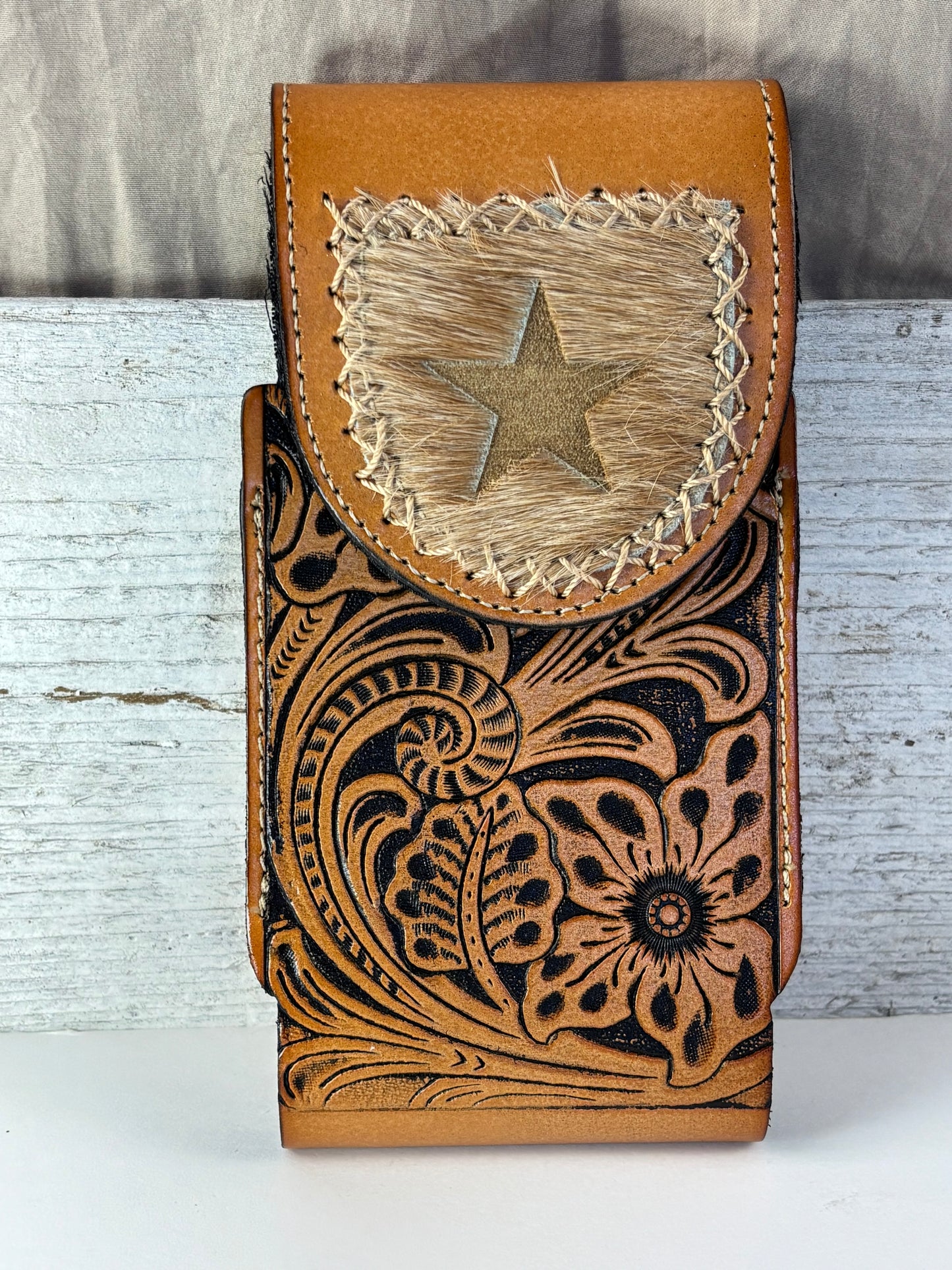 7" STAR LEATHER HOLSTER TAN BROWN STAR POUCH EXTRA LARGE  BELT LOOP CELL PHONE CASE UNIVERSAL OVERSIZE #EH13320