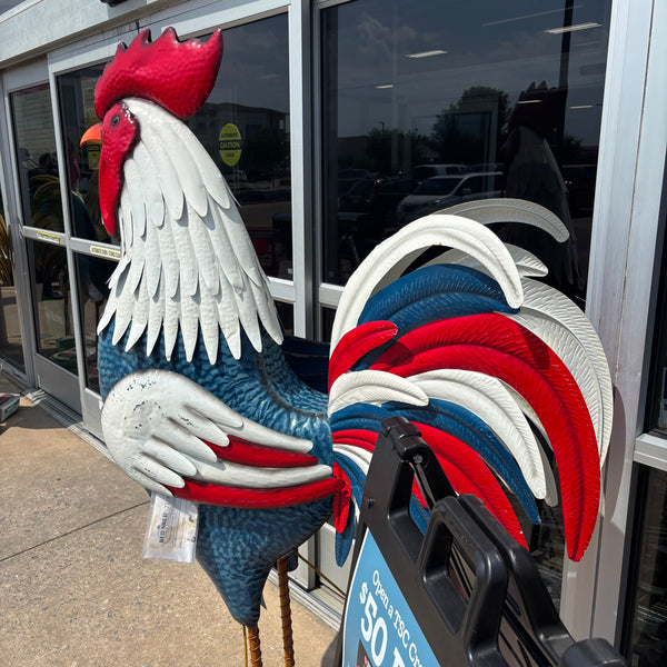 PATRIOTIC ROOSTER 6 FOOT CHICKEN GARDEN ANIMAL SCULPTURE METAL DECOR HANDMADE