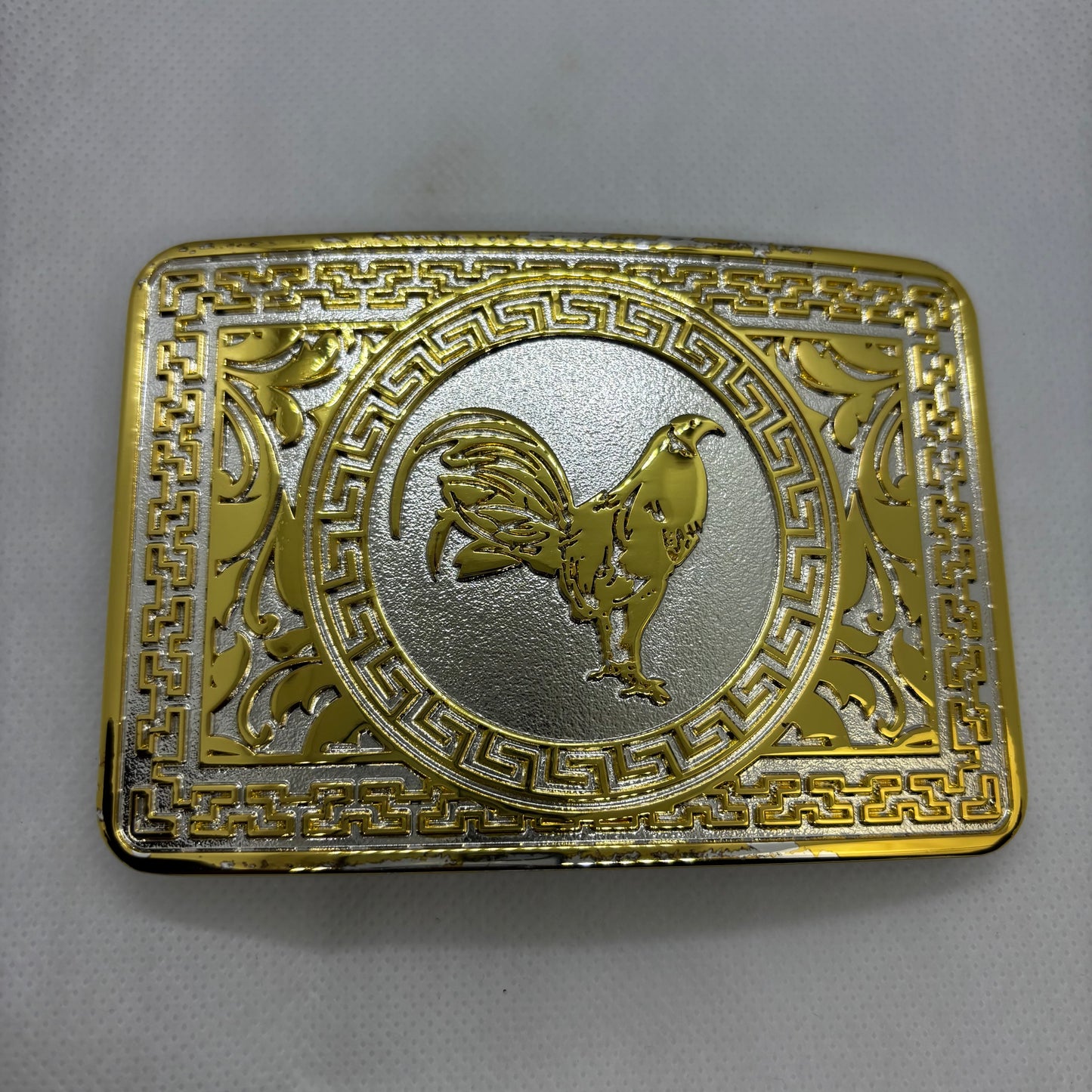 ROOSTER BELT BUCKLE GOLD WHITE WESTERN METAL BUCKLE FASHION ART 4.5" X 3.5"  #EH13237