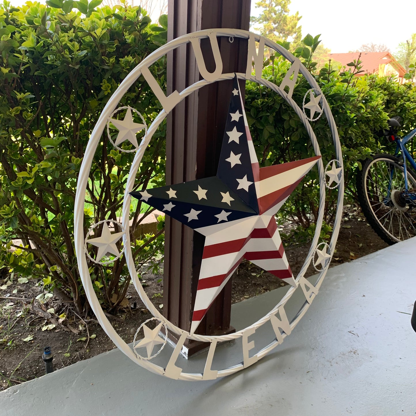 LUNA STYLE CUSTOM NAME BARN STAR METAL STAR 3d TWISTED ROPE RING WESTERN HOME DECOR USA FLAG STAR RED WHOTE & BLUE WITH WHITE RING HANDMADE 24",32",36",50"