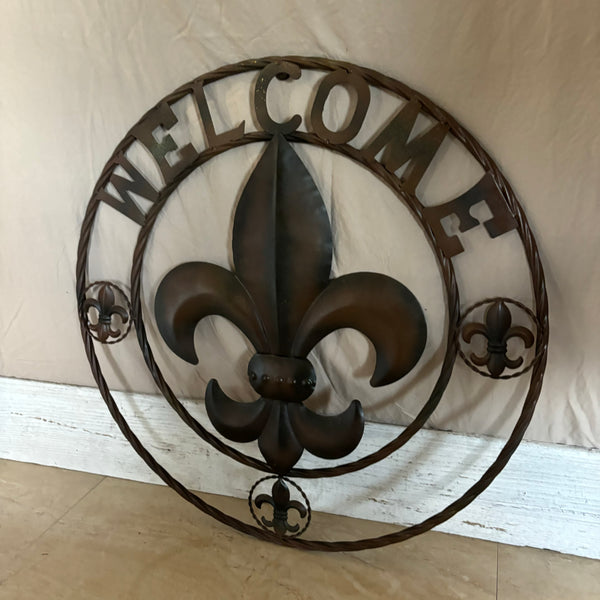 24" WELCOME FLEUR DE LIS METAL WALL ART WESTERN HOME DECOR BROWN NEW #EH11997