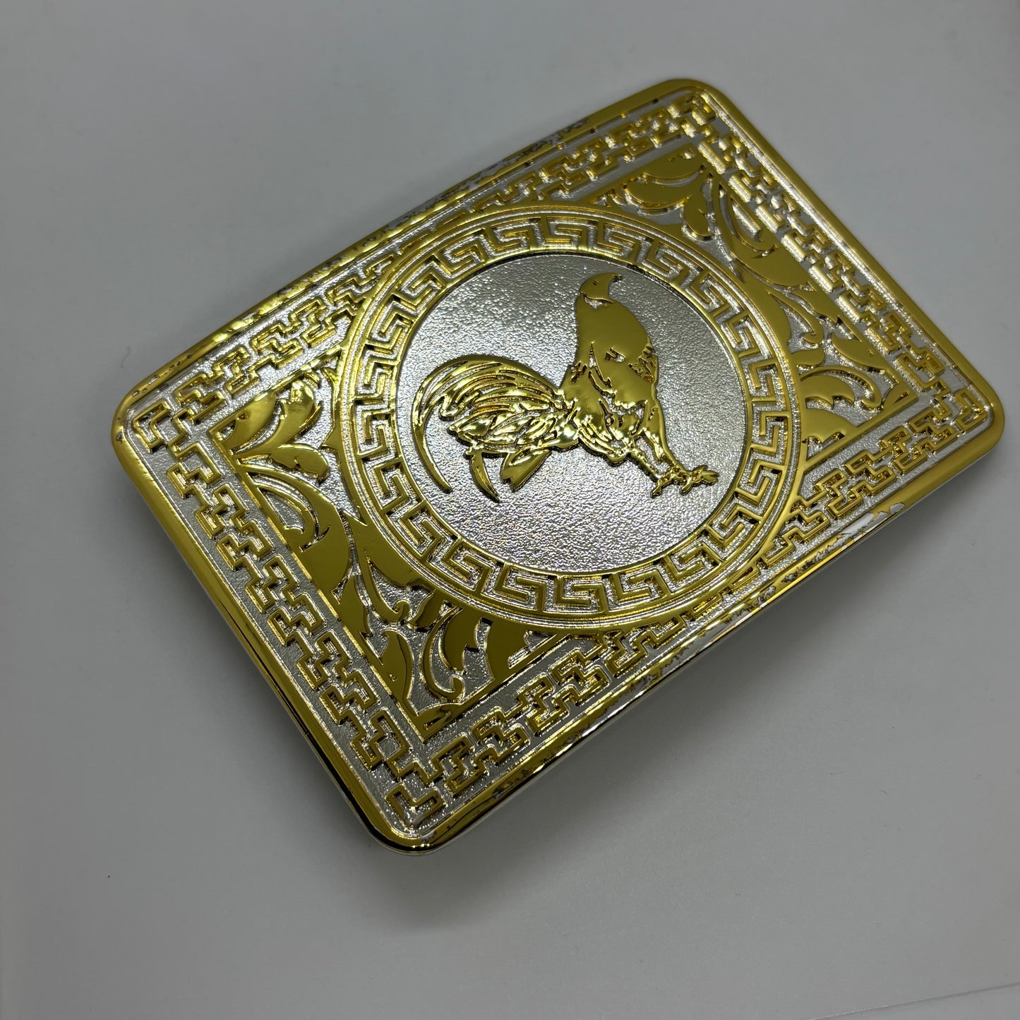 ROOSTER BELT BUCKLE GOLD WHITE WESTERN METAL BUCKLE FASHION ART 4.5" X 3.5"  #EH13237