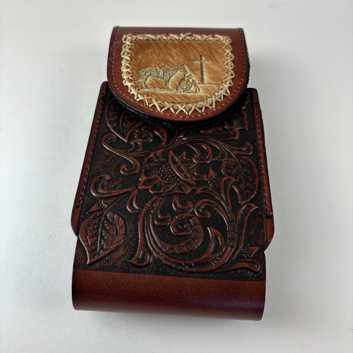 7" COWBOY PRAYER  LEATHER HOLSTER BROWN POUCH EXTRA LARGE  BELT LOOP CELL PHONE CASE UNIVERSAL OVERSIZE #EH13322